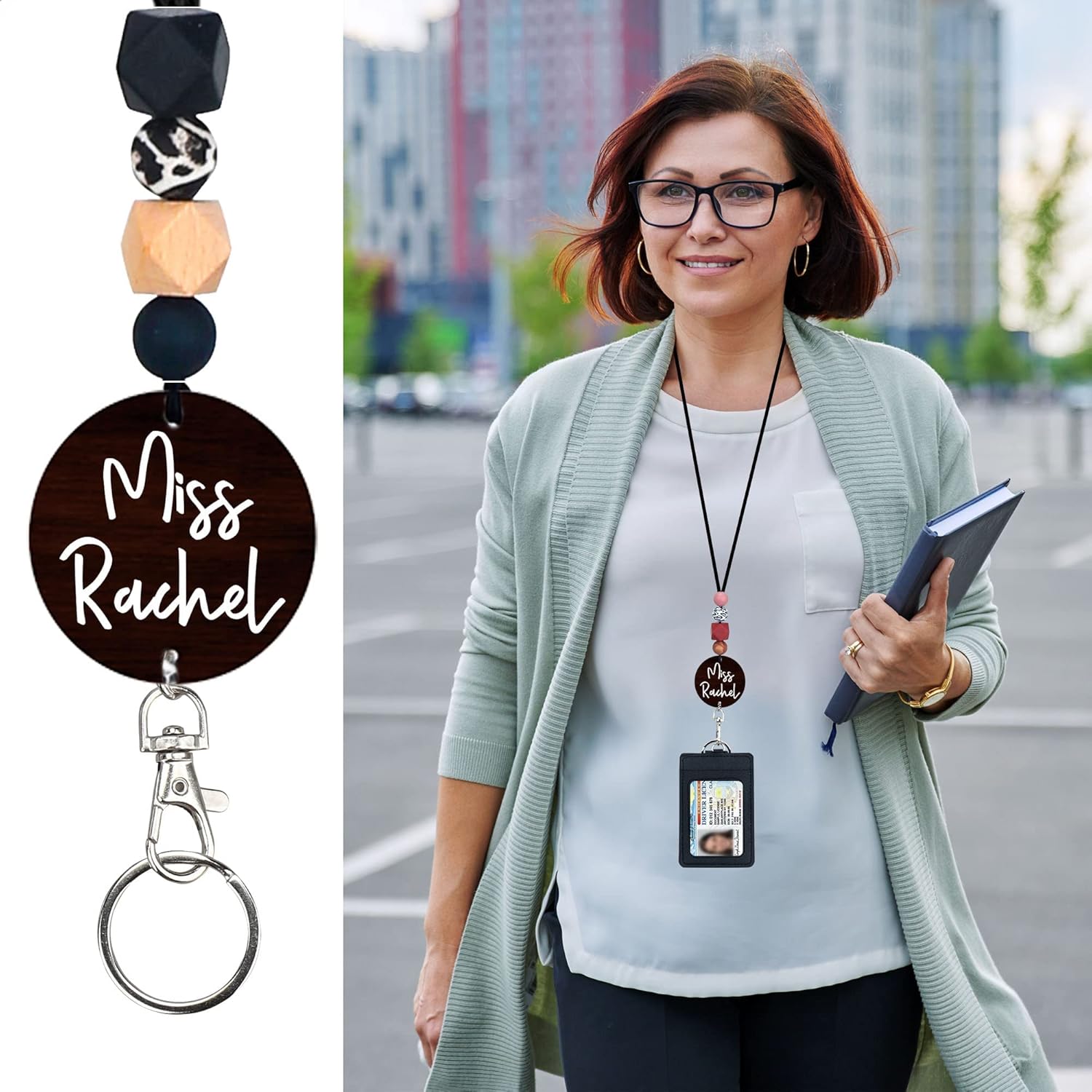 ABAMERICA Personalized Teacher Lanyards for Id Badges and Keys, Cute Beaded Lanyards for Women with Keychain and Leather Holder of 3 Card Slots