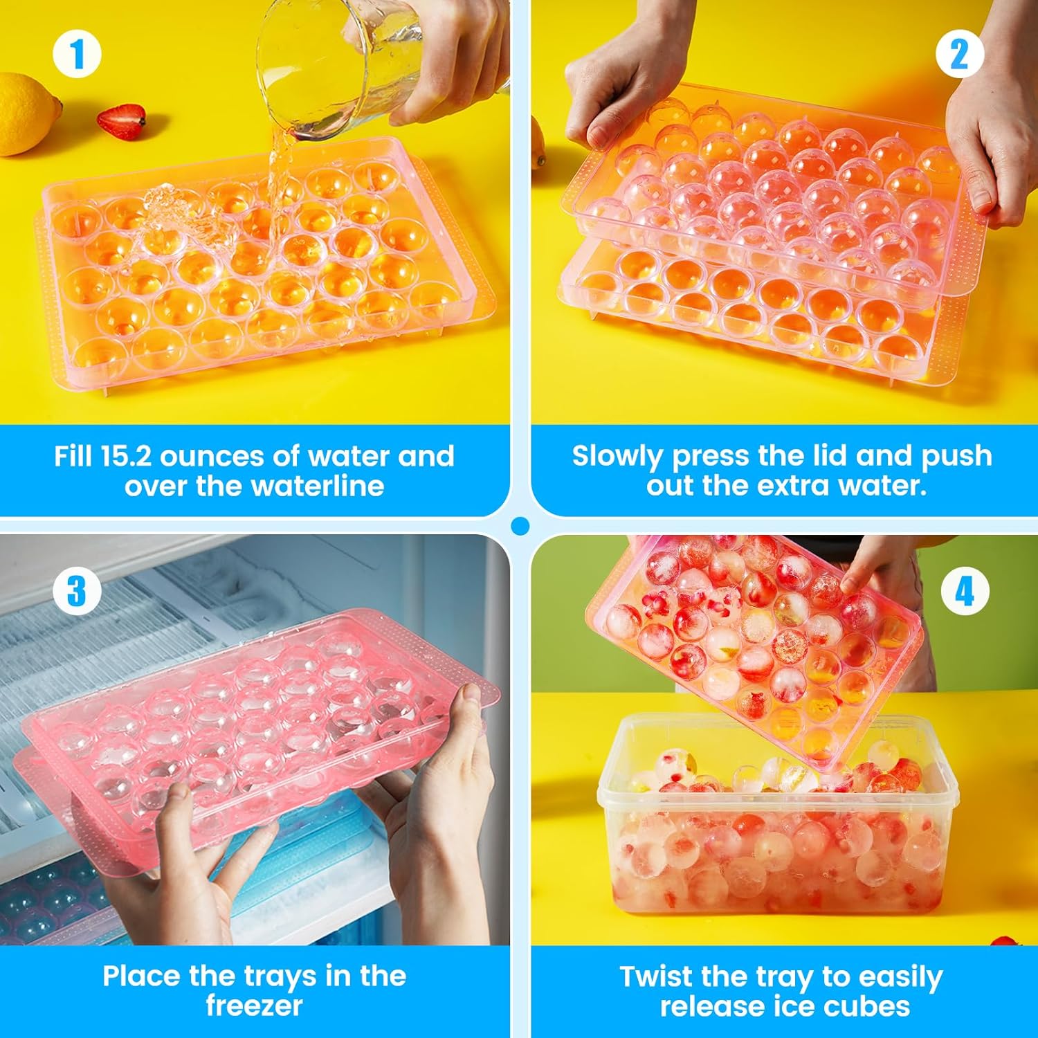 PHINOX – Bandeja redonda para cubitos de hielo con tapa y contenedor, bandejas de hielo redondas para congelador, bandejas de hielo para hacer