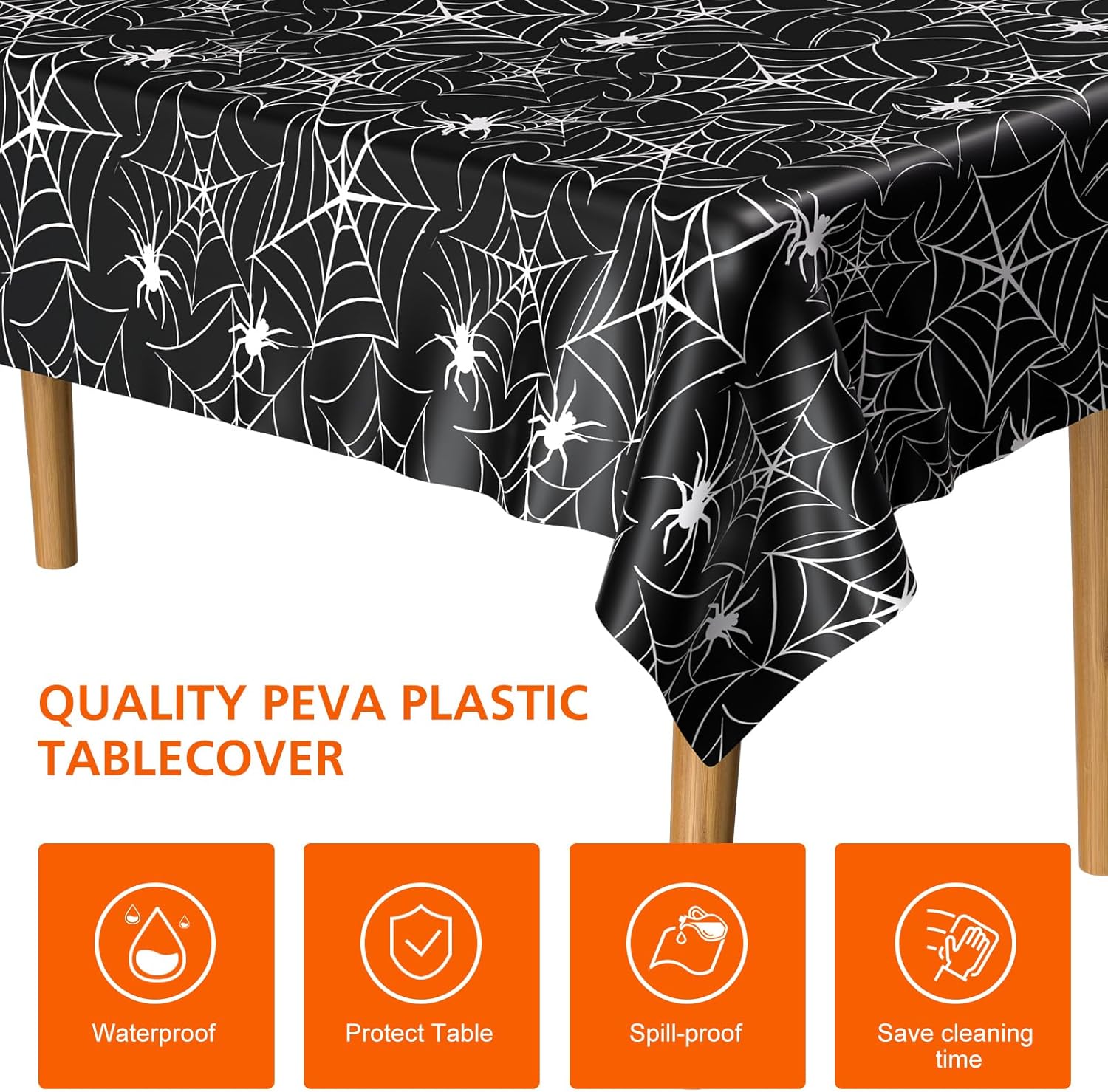 PLULON Paquete de 3 manteles de Halloween de 54 x 108 pulgadas, mantel de plástico de tela de araña para decoración de mesa de cena de vacaciones,
