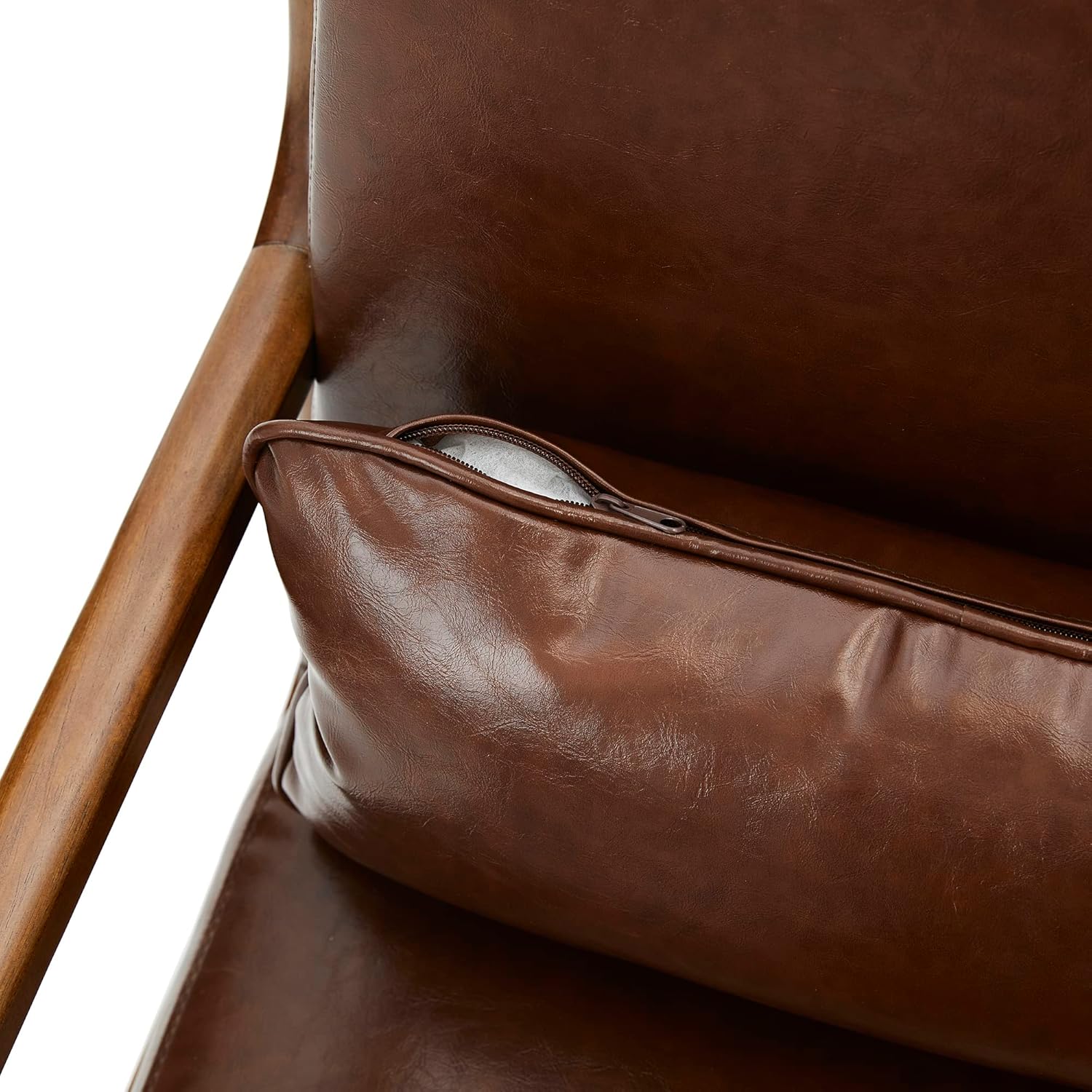 glitzhome 30.75 “H Mid Century Coffee Accent Sillón, Sillón de lectura individual Silla de salón de cuero PU con marco de madera de caucho nogal