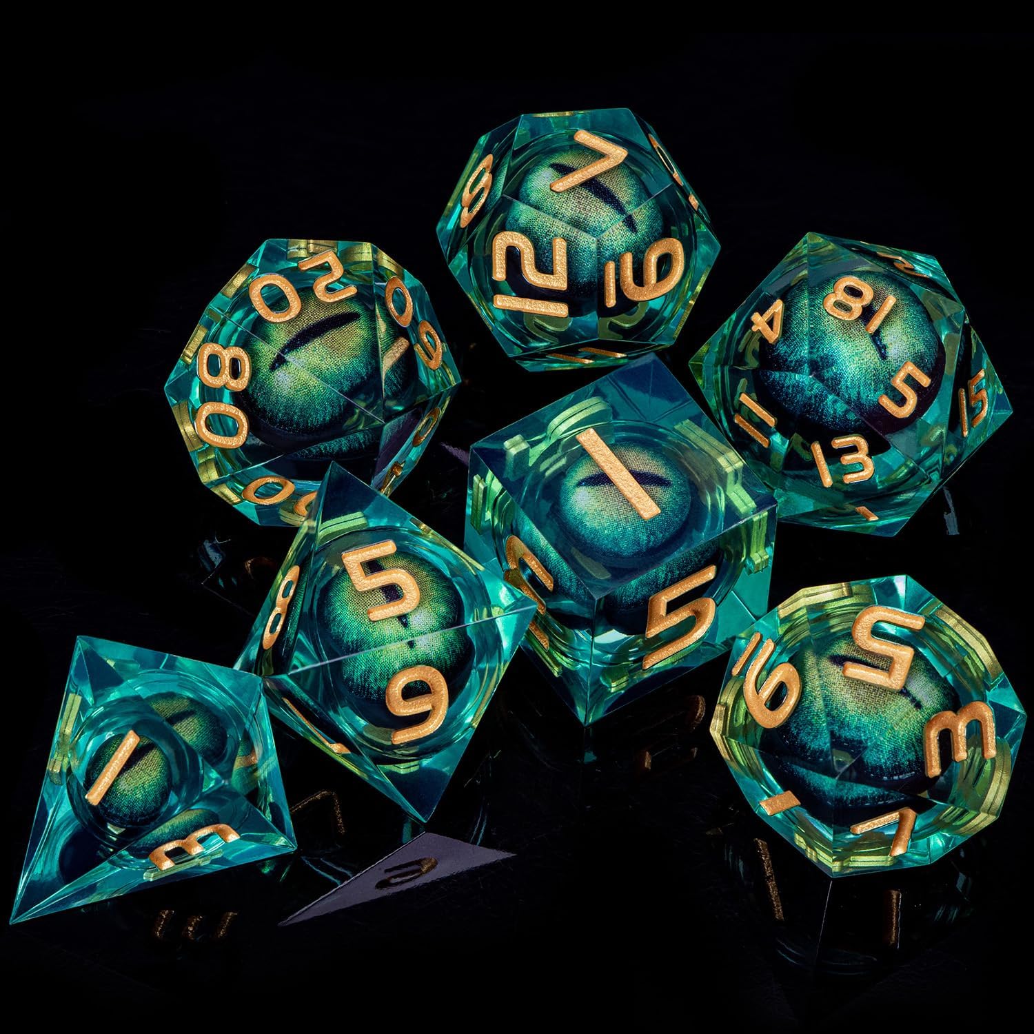 ARUOHHA DND – Juego de dados de resina con núcleo líquido D y D de ojo de dragón con caja de regalo, dados de bordes afilados verdes, mazmorras y