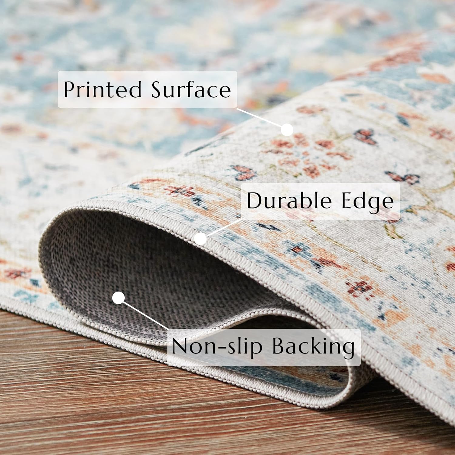 jinchan Alfombra de área lavable de 5 x 7 pies, diseño floral bohemio vintage de pelo bajo, delgada, antideslizante, no desprende pelo, para cocina,