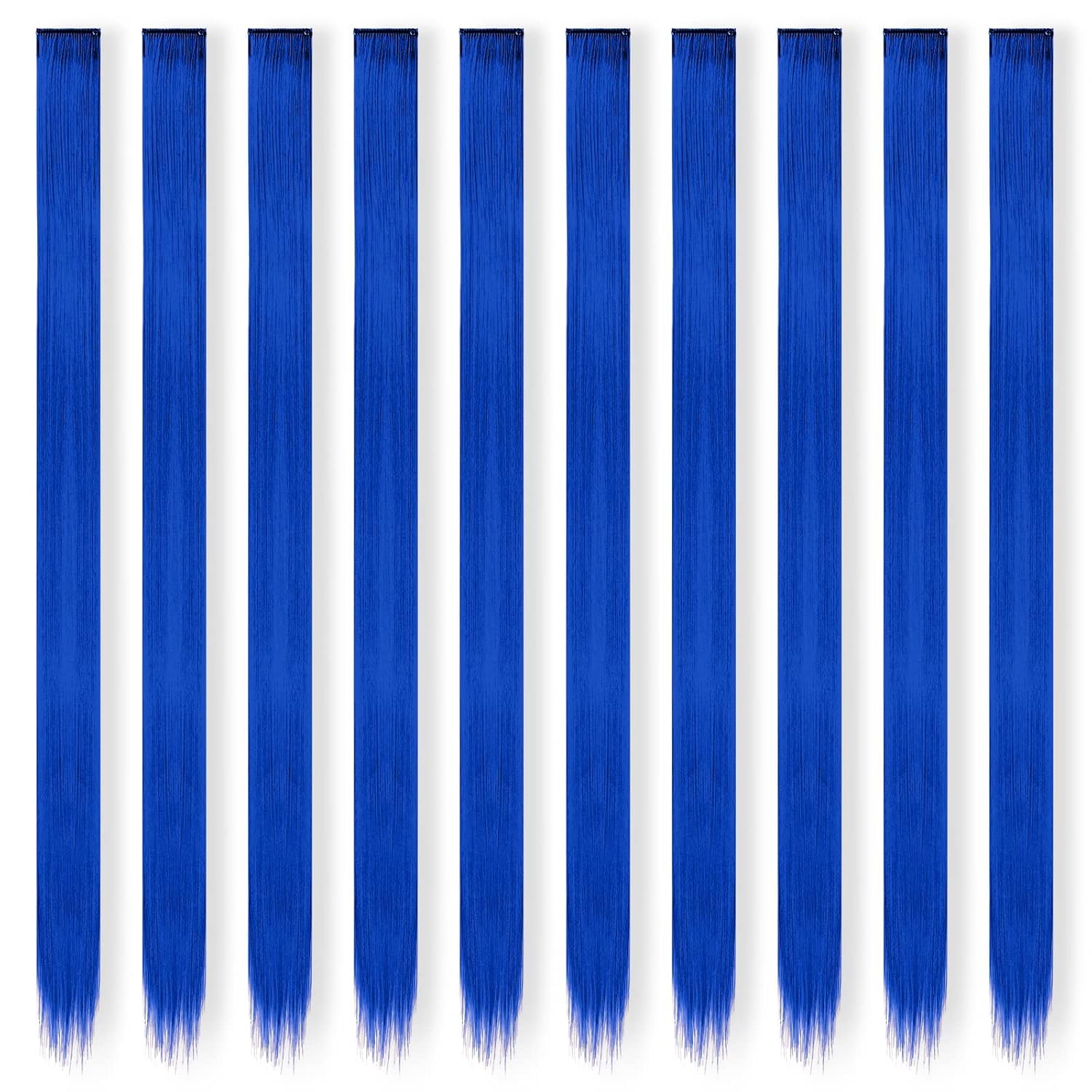 FESHFEN Extensiones de cabello de colores, 10 piezas de cabello azul oscuro para mujer, extensiones de cabello lacio colorido con clip para fiestas