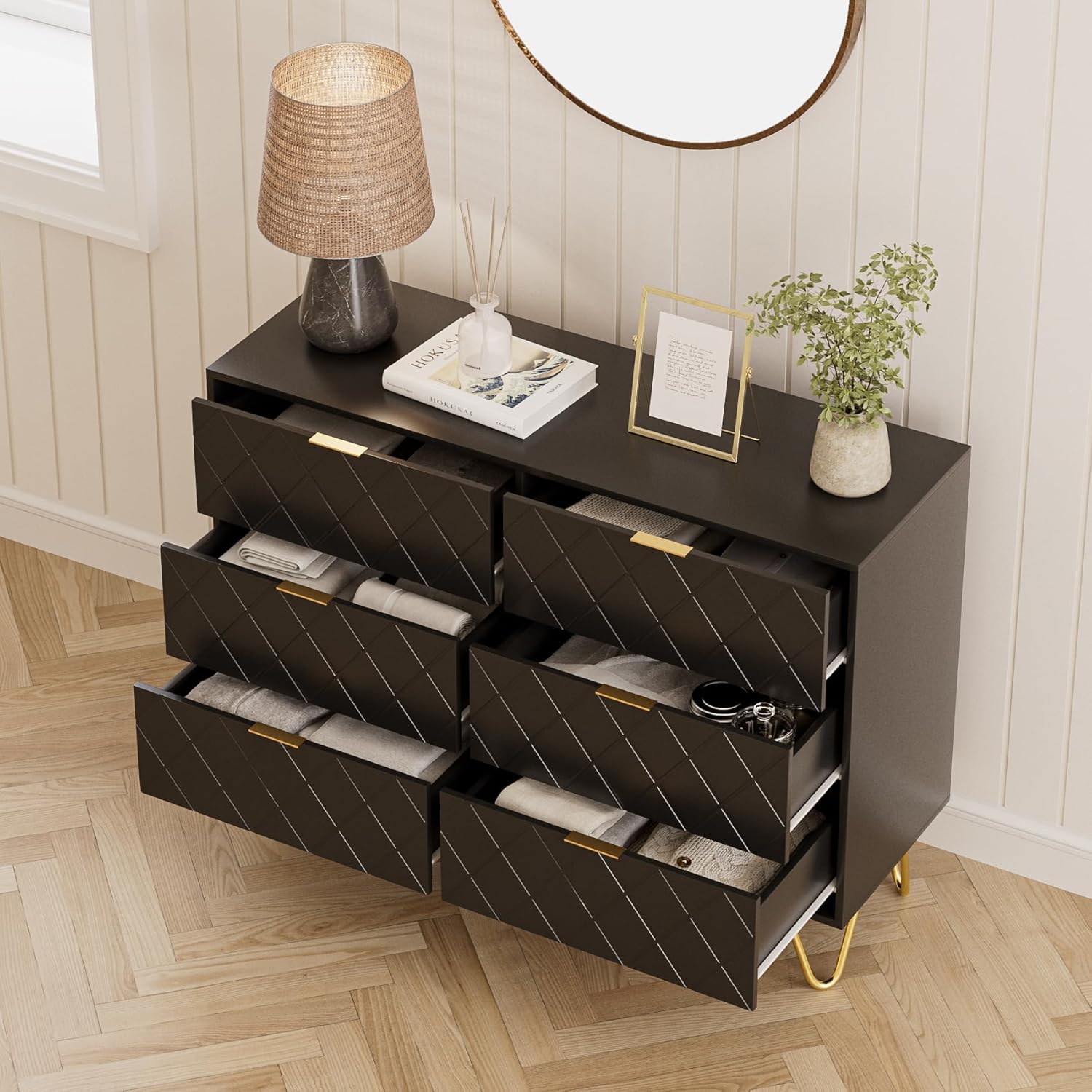 Cómoda de 6 cajones, moderna cajonera, cómoda de almacenamiento ancha con patas de metal, cómoda para dormitorio, sala de estar, armario, entrada,