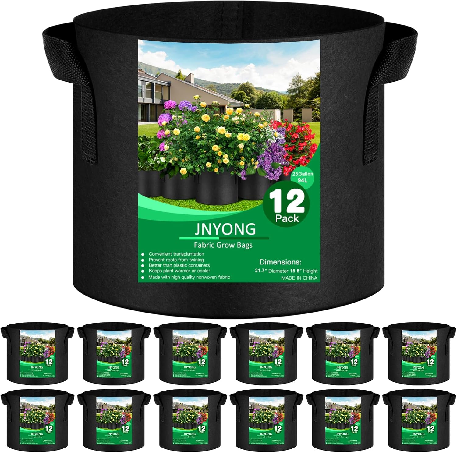 JNYONG NYONG – Paquete de 12 bolsas de cultivo no tejidas gruesas de 25 galones, macetas de tela de aireación con asas (negro)