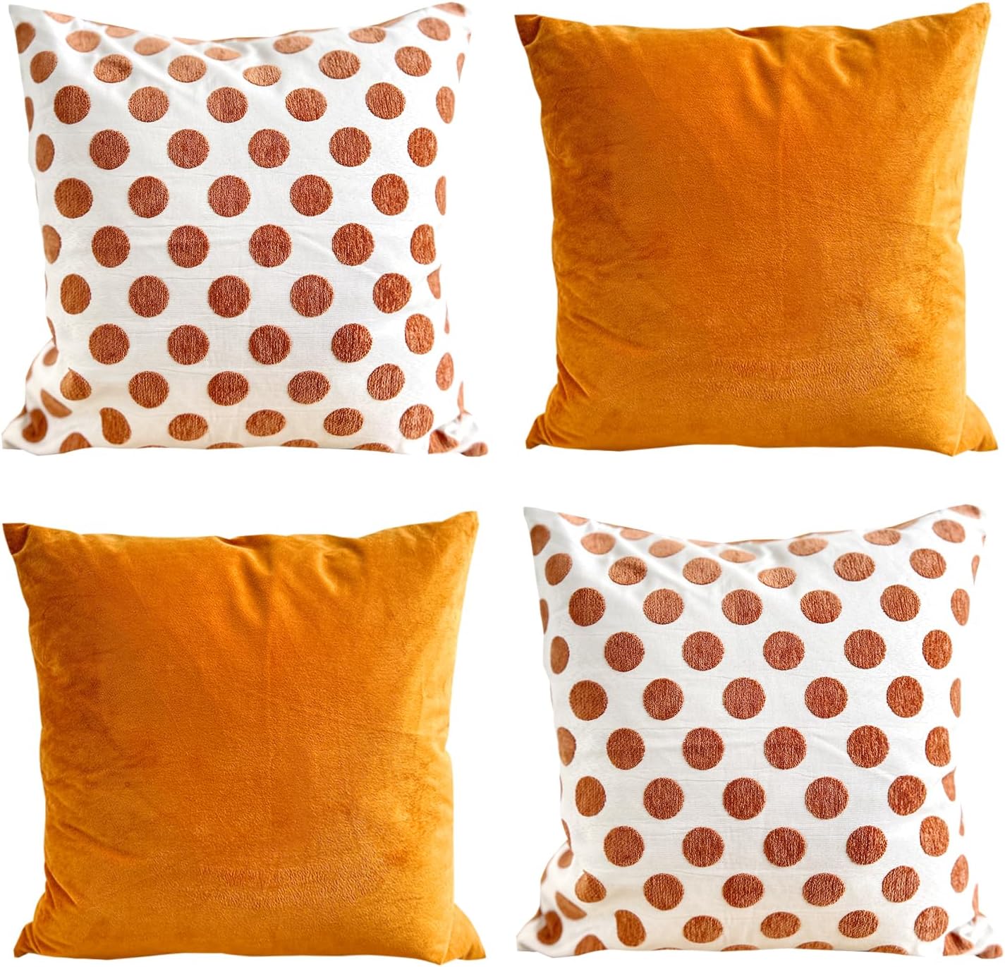 HOPLEE Funda de almohada naranja de 18 x 18 pulgadas, fundas de cojín decorativas con diseño de lunares y naranja liso, 18 x 18 pulgadas, paquete de