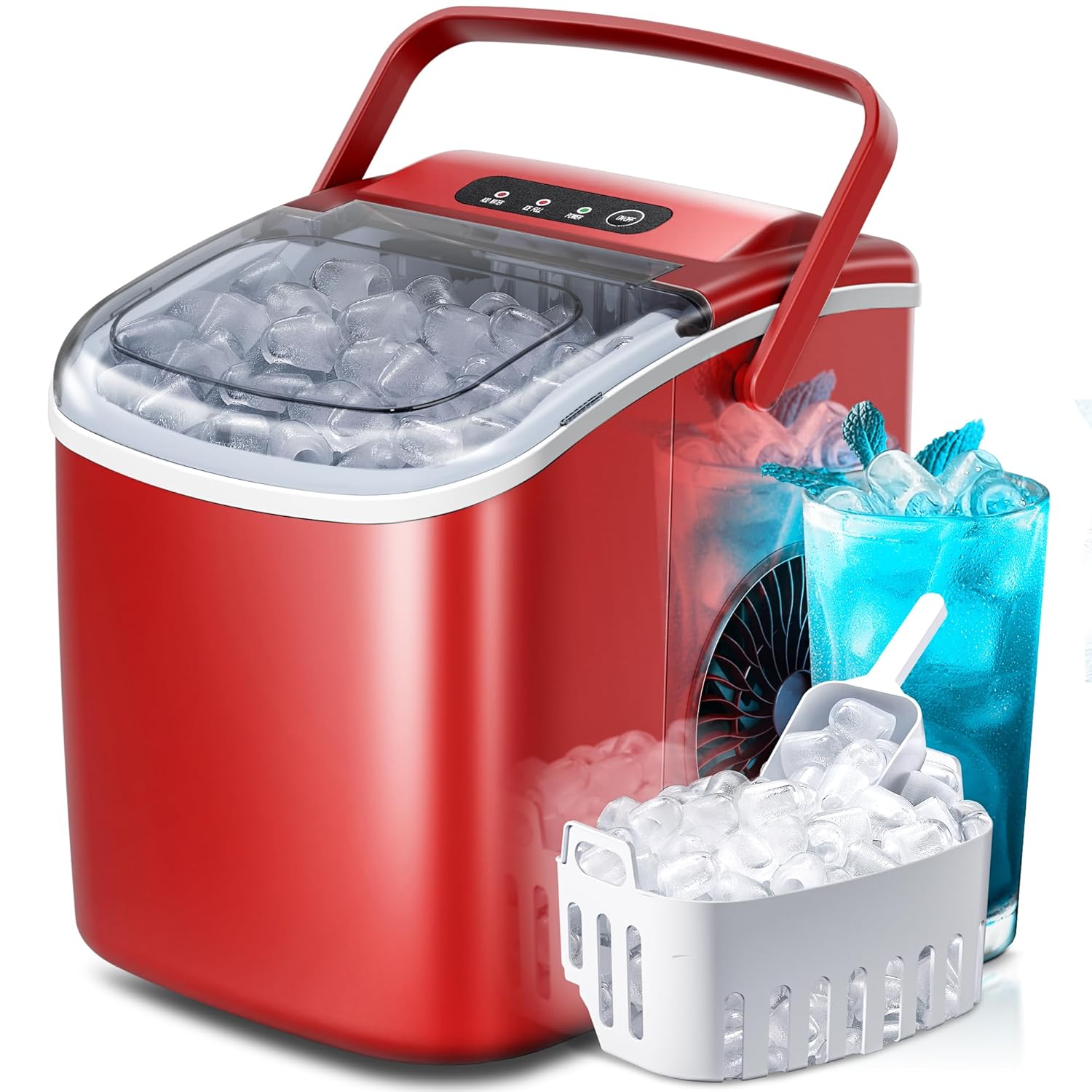 Máquina portátil de hielo para encimera con asa, 9 cubitos de hielo en forma de bala listos en 6 minutos, 26 libras24 horas, función de autolimpieza