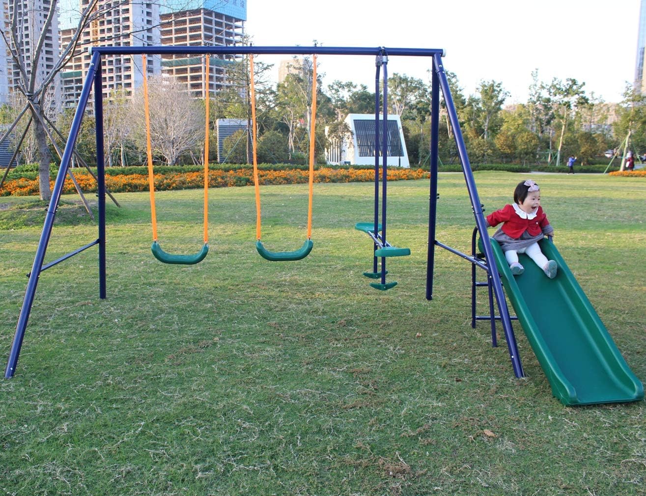 Juego de columpios multifunción 4 en 1 para niños, metal para patio trasero, marco extragrande resistente al aire libre con 2 columpios en forma de