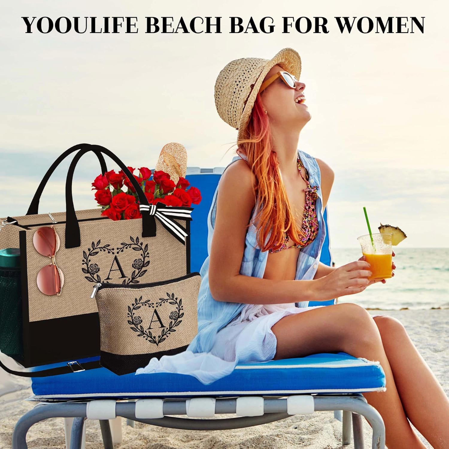 Regalos personalizados para mujeres, bolsa de yute con inicial con bolsa de maquillaje, regalos para mujeres, mamá, novia, cumpleaños, Amarillo,