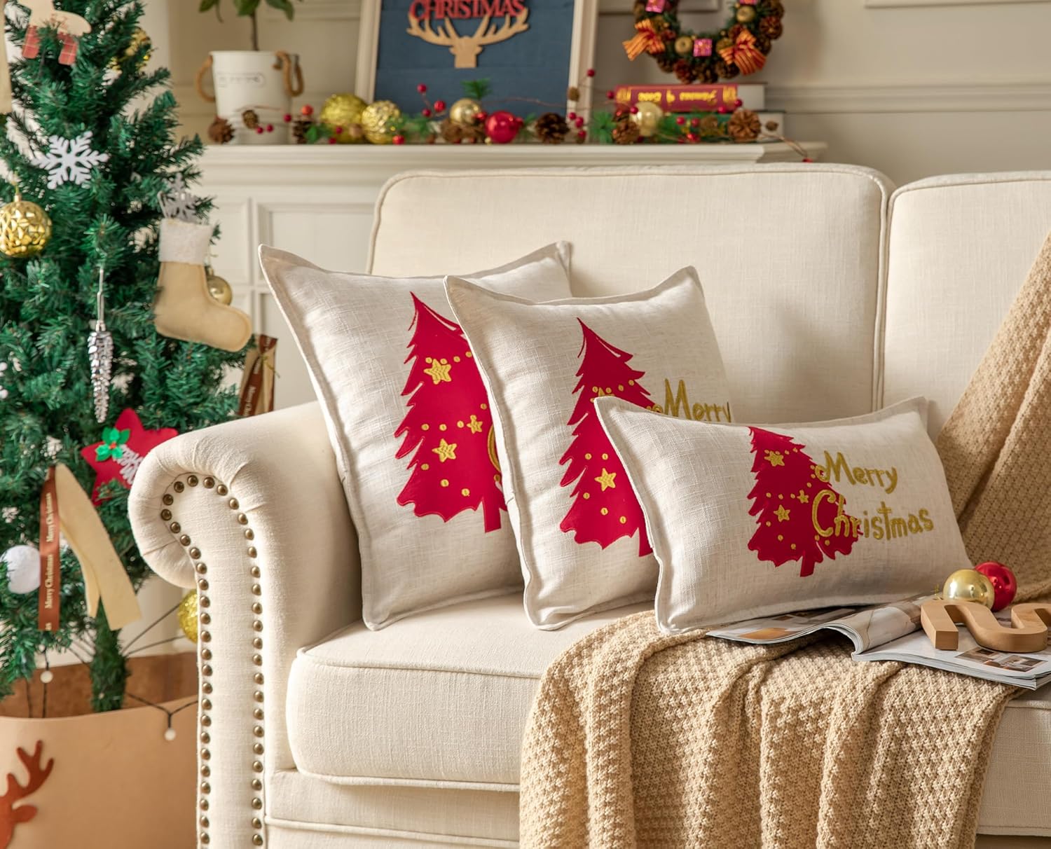 Fundas de almohada navideñas de 12 x 20 pulgadas, fundas de almohada bohemias para sofá cama, paquete de 2 fundas de cojín decorativas de lino con