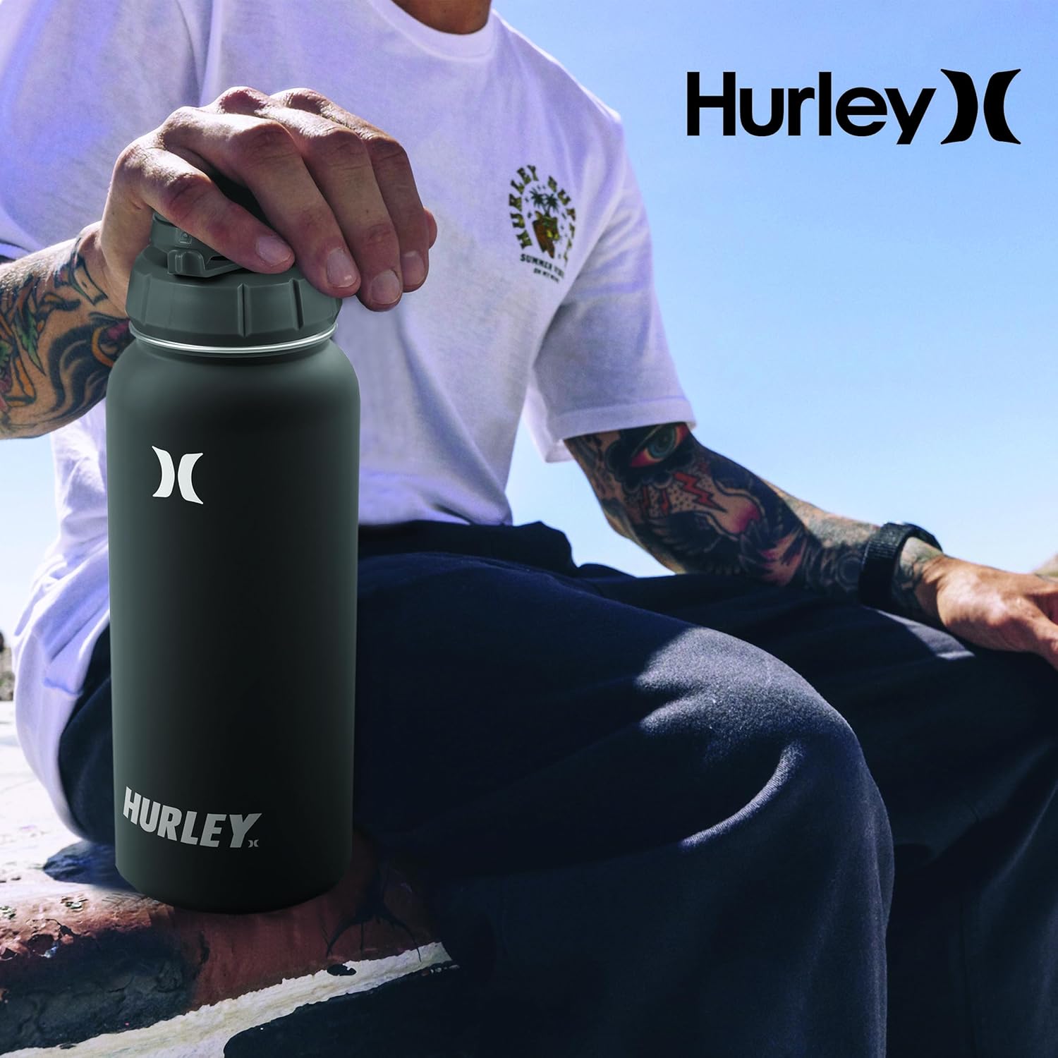 Hurley Botella de agua aislada  Botella de agua de acero inoxidable de 32 onzas, botella de agua de viaje para deportes y actividades al aire libre