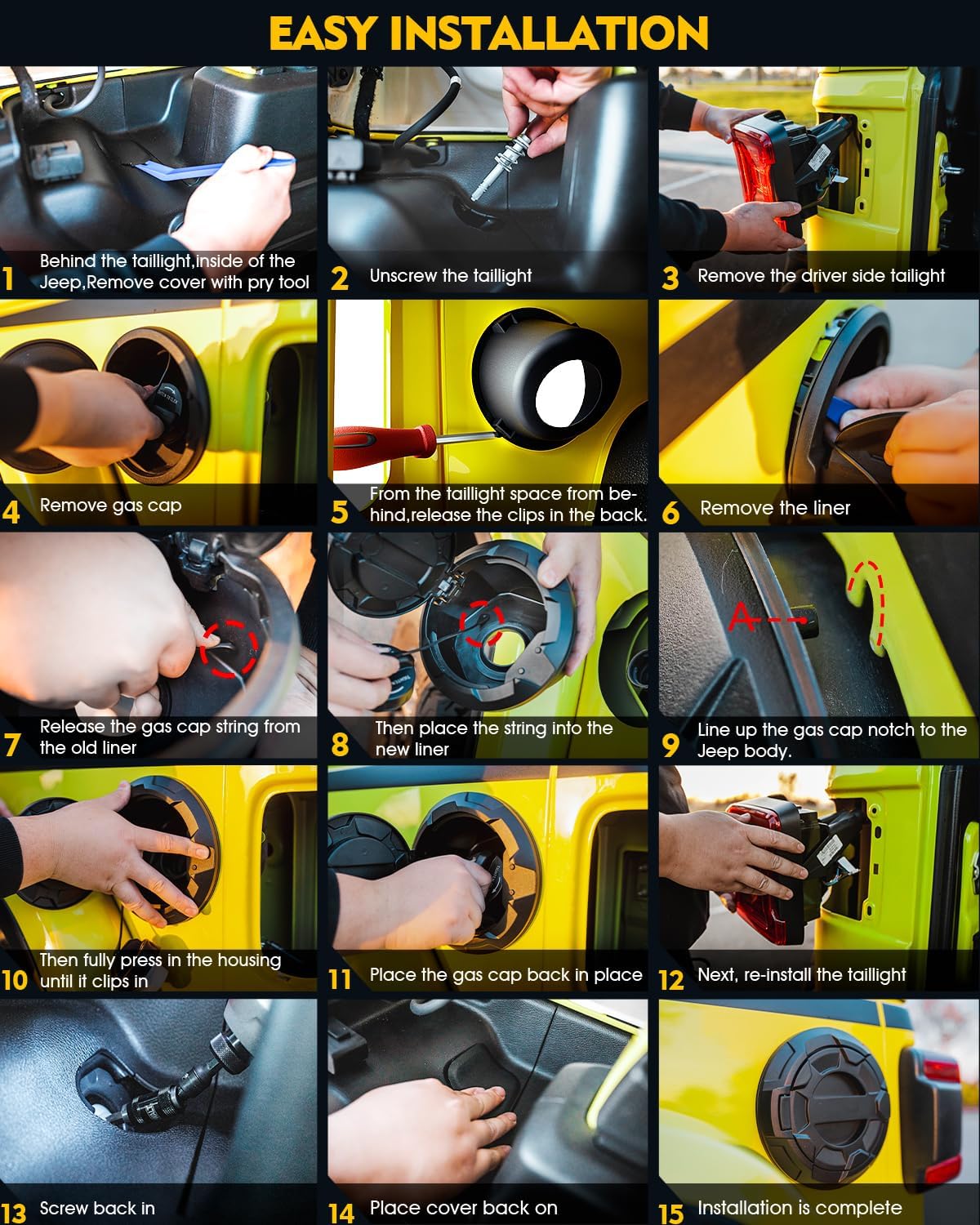 Xprite Cubierta de tapa de tanque de gasolina compatible con Jeep Wrangler 2018-2023 JL y JLU de 2 y 4 puertas ilimitadas, patrón de rueda