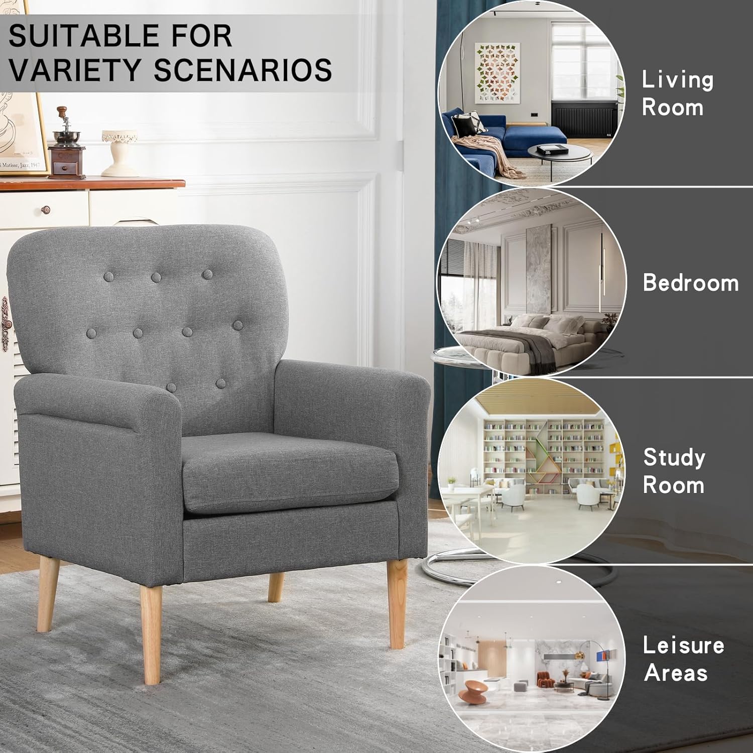 Silla decorativa de tela, sillón moderno de mediados de siglo, cómodo sofá individual con patas de madera, para sala de estar, dormitorio, oficina,