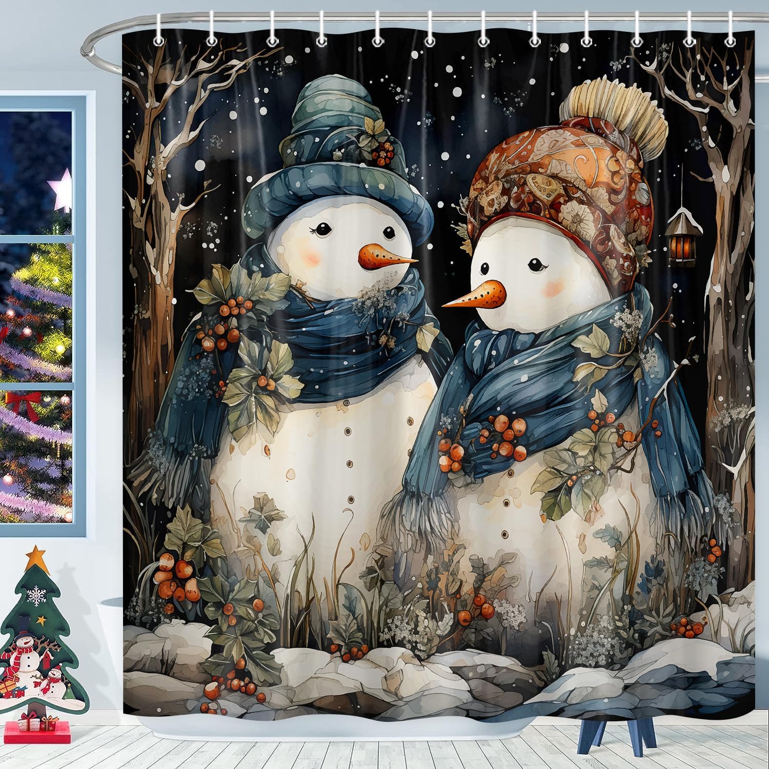 Xiaoput Cortina de ducha con diseño de muñeco de nieve de invierno para baño, muñeco de nieve de Navidad en bosque nevado, impermeable, accesorios