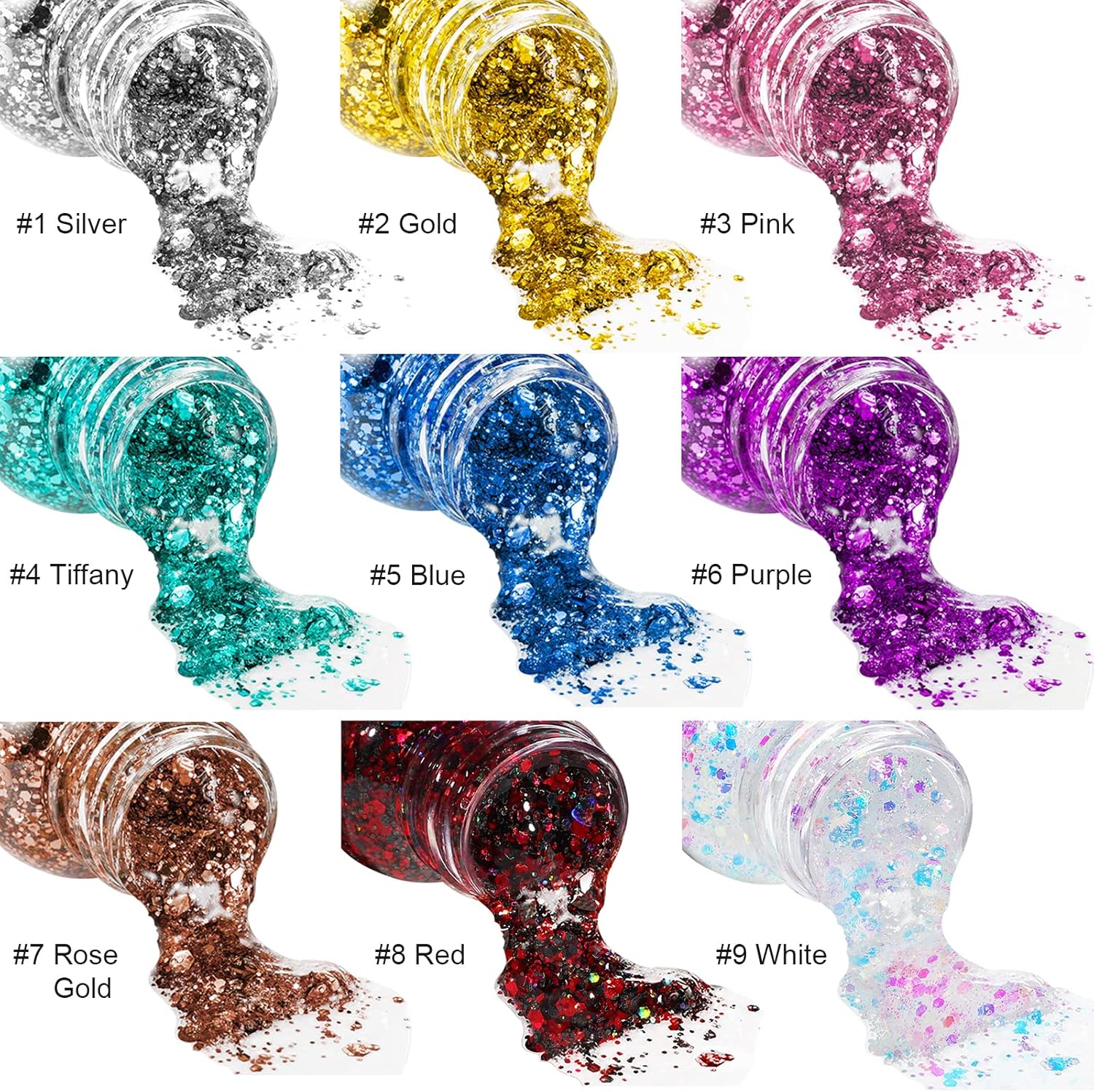 Paquete de 2 botellas de gel con purpurina corporal holográfica de larga duración para cabello, cuerpo y uñas, maquillaje corporal líquido de 9