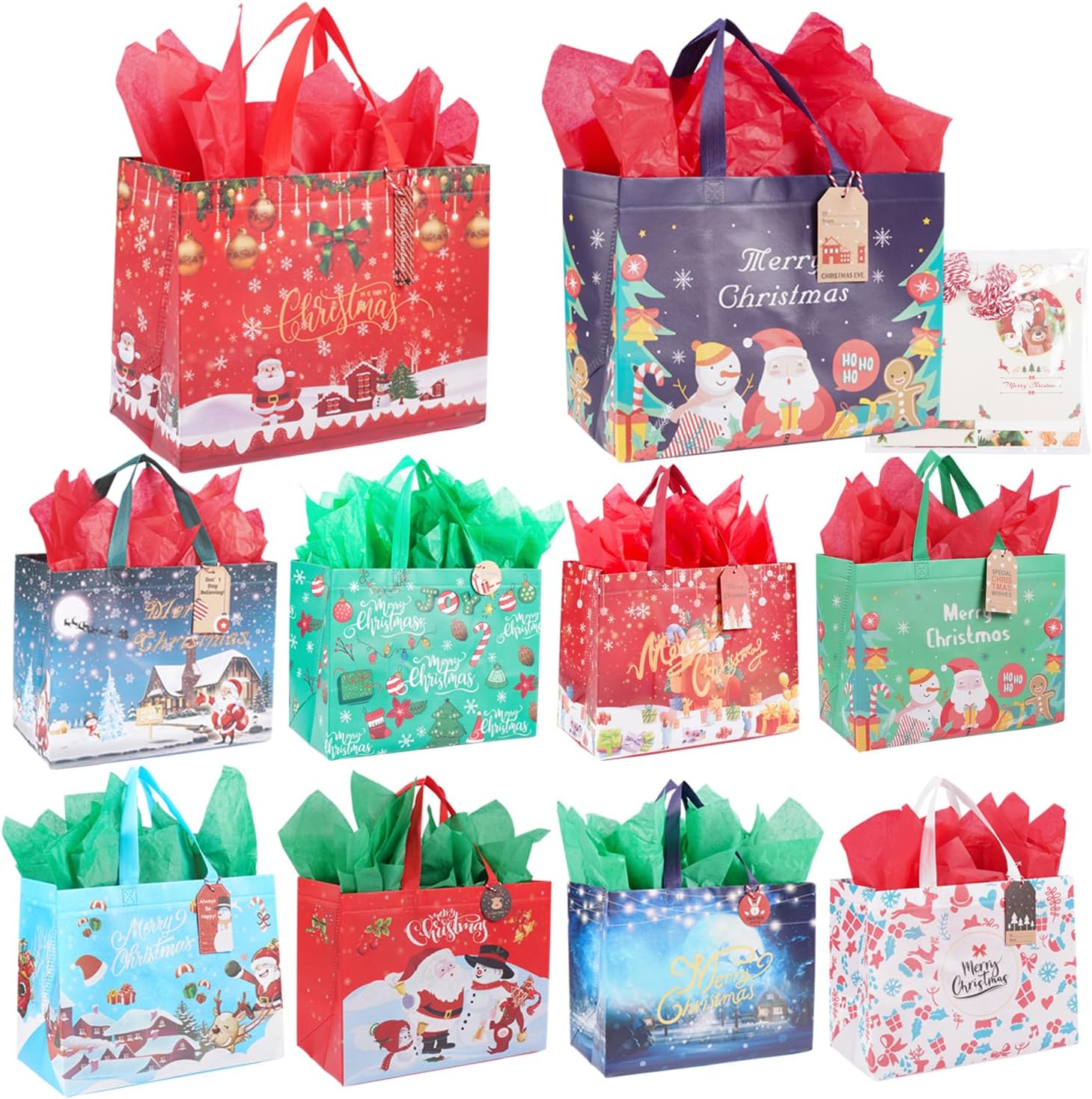 Ranfashiong 10 bolsas reutilizables de Navidad no tejidas con papel de seda para envolturas de fiestas de Navidad, bolsas de regalo de compras de