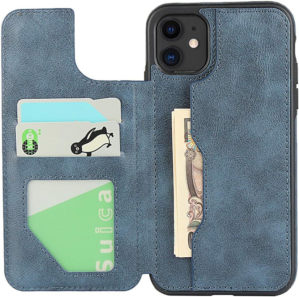 Zouzt Funda para iPhone 11 tipo cartera con tarjetero y correa de mano de piel sintética de alta calidad, soporte de cuero sintético, doble cierre