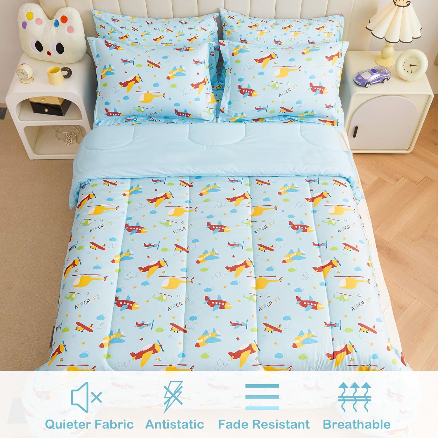 Mooreeke Juego de cama en una bolsa para niños y adolescentes, juego de cama de 5 piezas con estampado de aviones de tamaño individual con fundas,