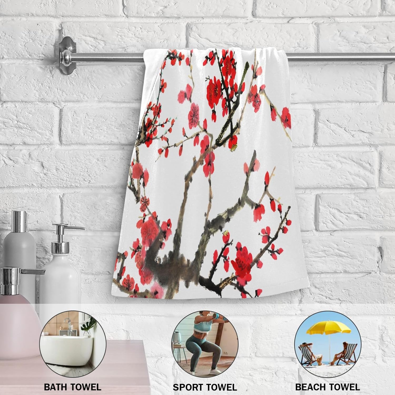 HATESAH Paquete de 2 toallas de mano con diseño de flor de cerezo rojo, toallas de baño absorbentes de microfibra asiática japonesa con tinta de