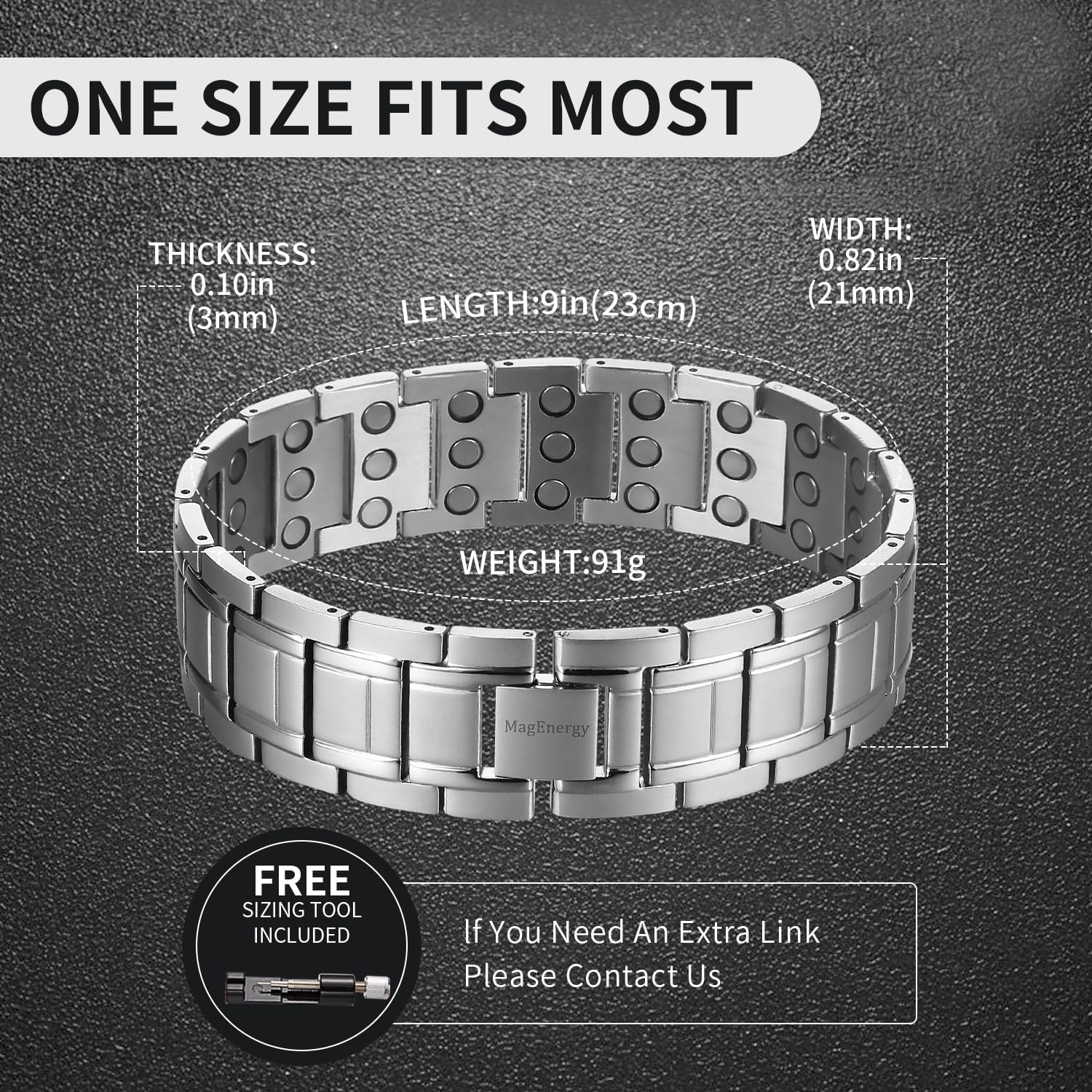 MagEnergy Pulsera magnética para hombre para el dolor, pulsera de terapia magnética con imanes de neodimio de 3 filas, pulsera de acero de titanio