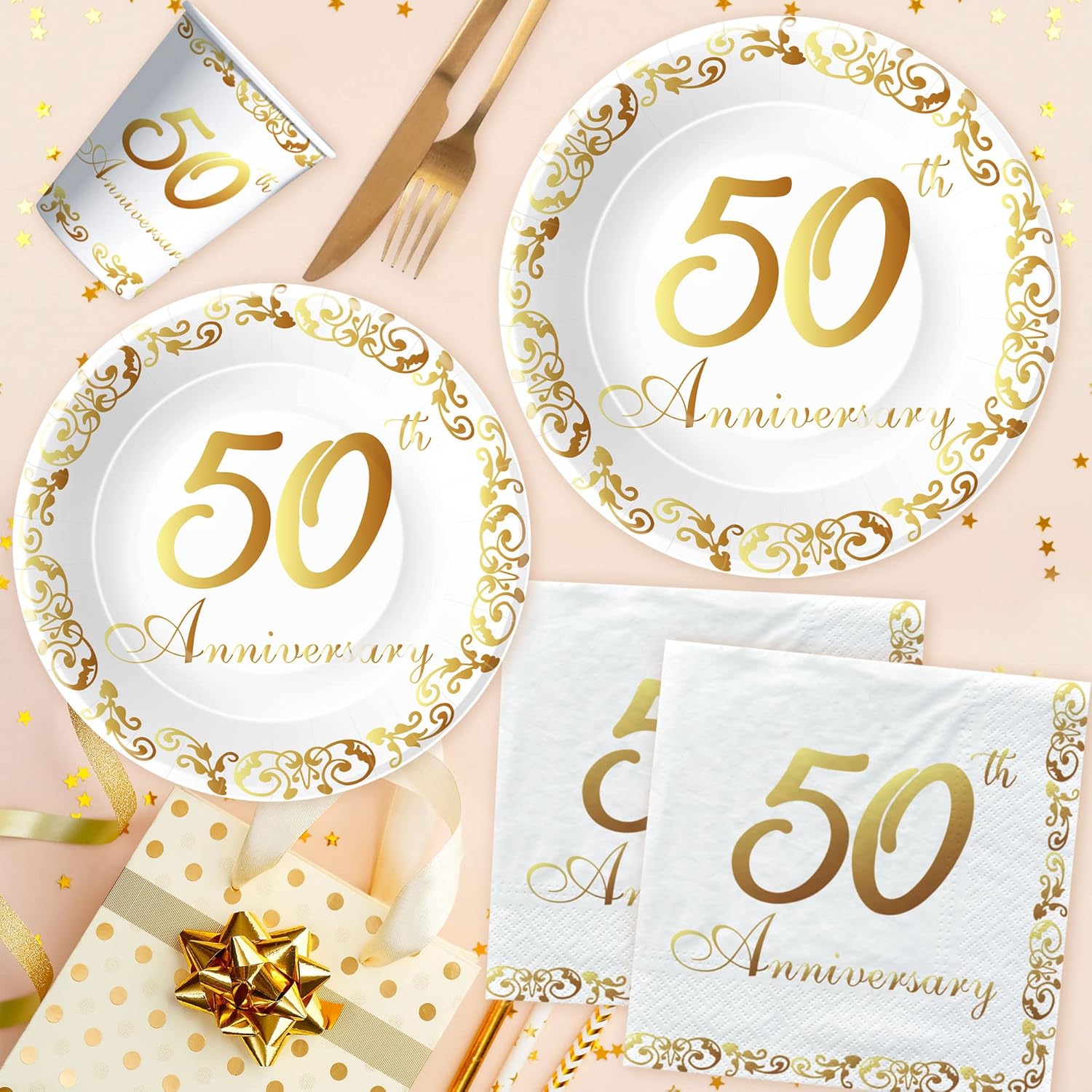 Decoraciones y suministros para el 50 aniversario  Decoraciones doradas de aniversario de boda del 50 aniversario de boda, plato, servilleta,