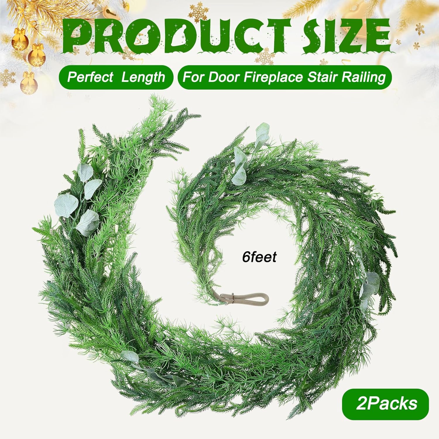 Guirnalda de pino Norfolk de Navidad, guirnalda artificial de vegetación sintética para decoración de manto interior de vacaciones (6 pies, 2