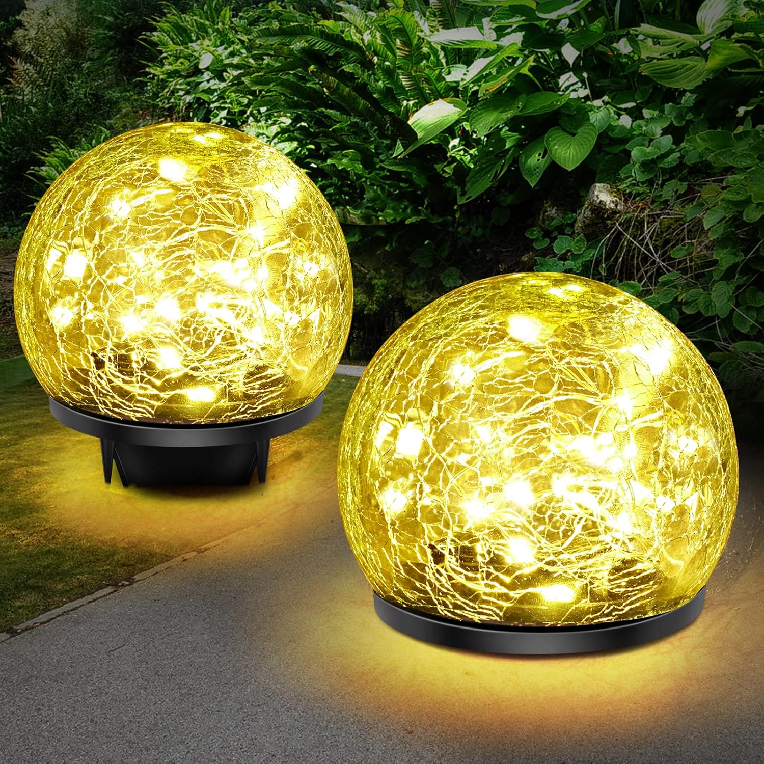 Luces solares de jardín, luces solares de vidrio agrietado cálido, luces LED de bola LED blancas cálidas mejoradas para patio, camino, patio,