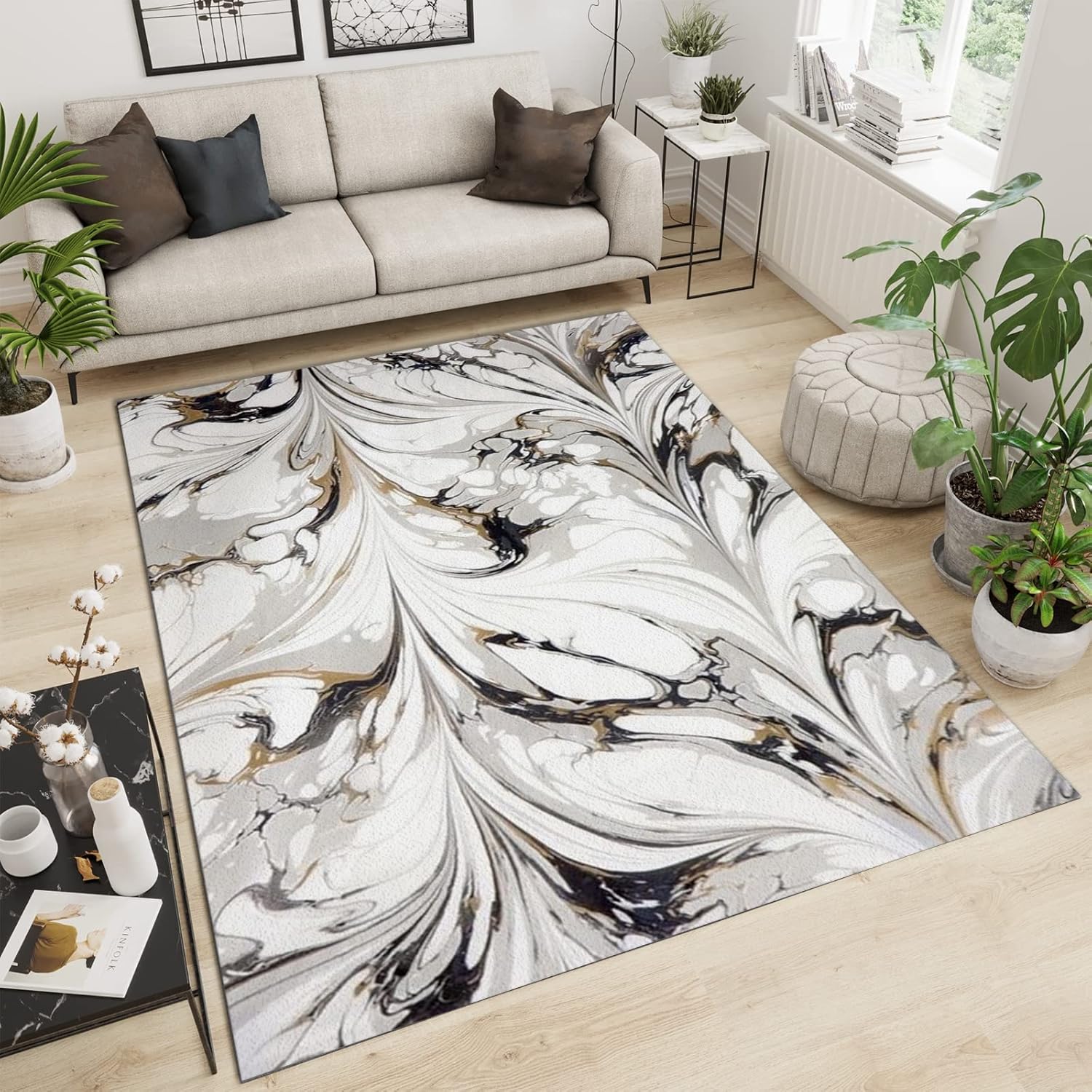 Alfombra abstracta retro, alfombra de dormitorio con diseño de swoosh de agua gris, alfombra decorativa para interiores, antideslizante, cómoda y
