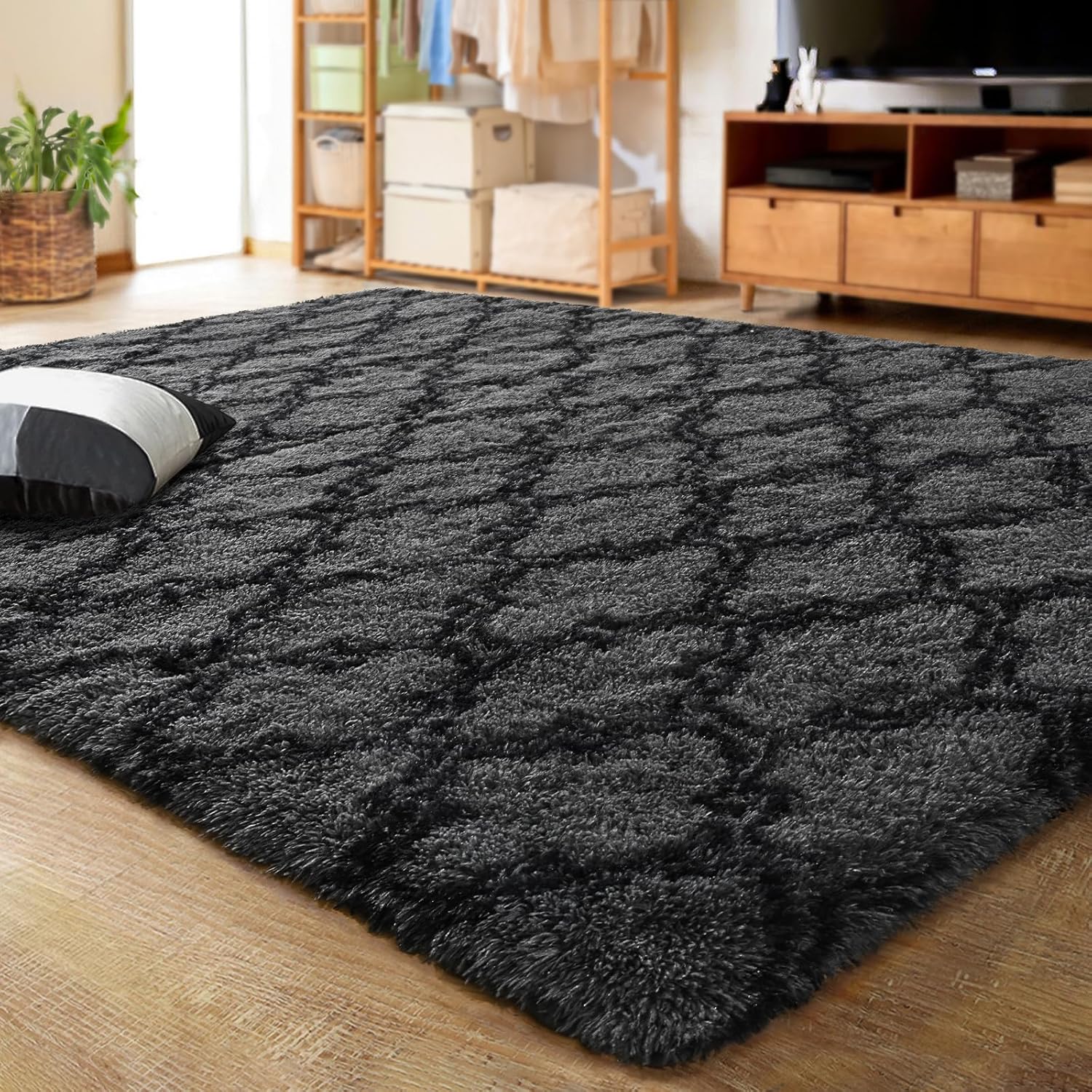 LOCHAS Alfombra de pelo largo de lujo de 3 x 5 pies, alfombra geométrica de felpa esponjosa, alfombra marroquí extrasuave para dormitorio, sala de