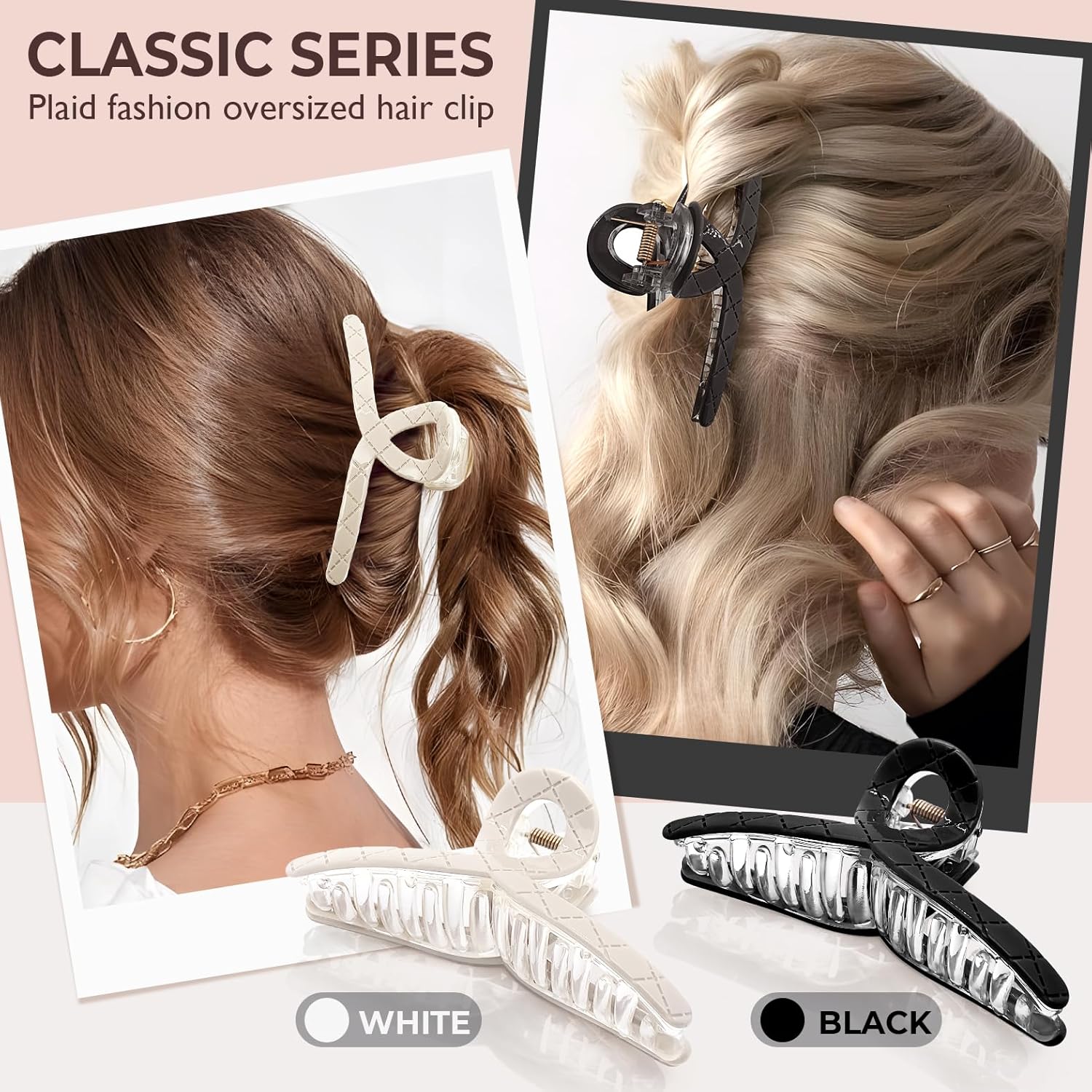 2 pinzas grandes de 4.3 pulgadas para el cabello, pinzas de doble capa para cabello grueso y fino, pinzas de sujeción fuerte, color blanco y negro
