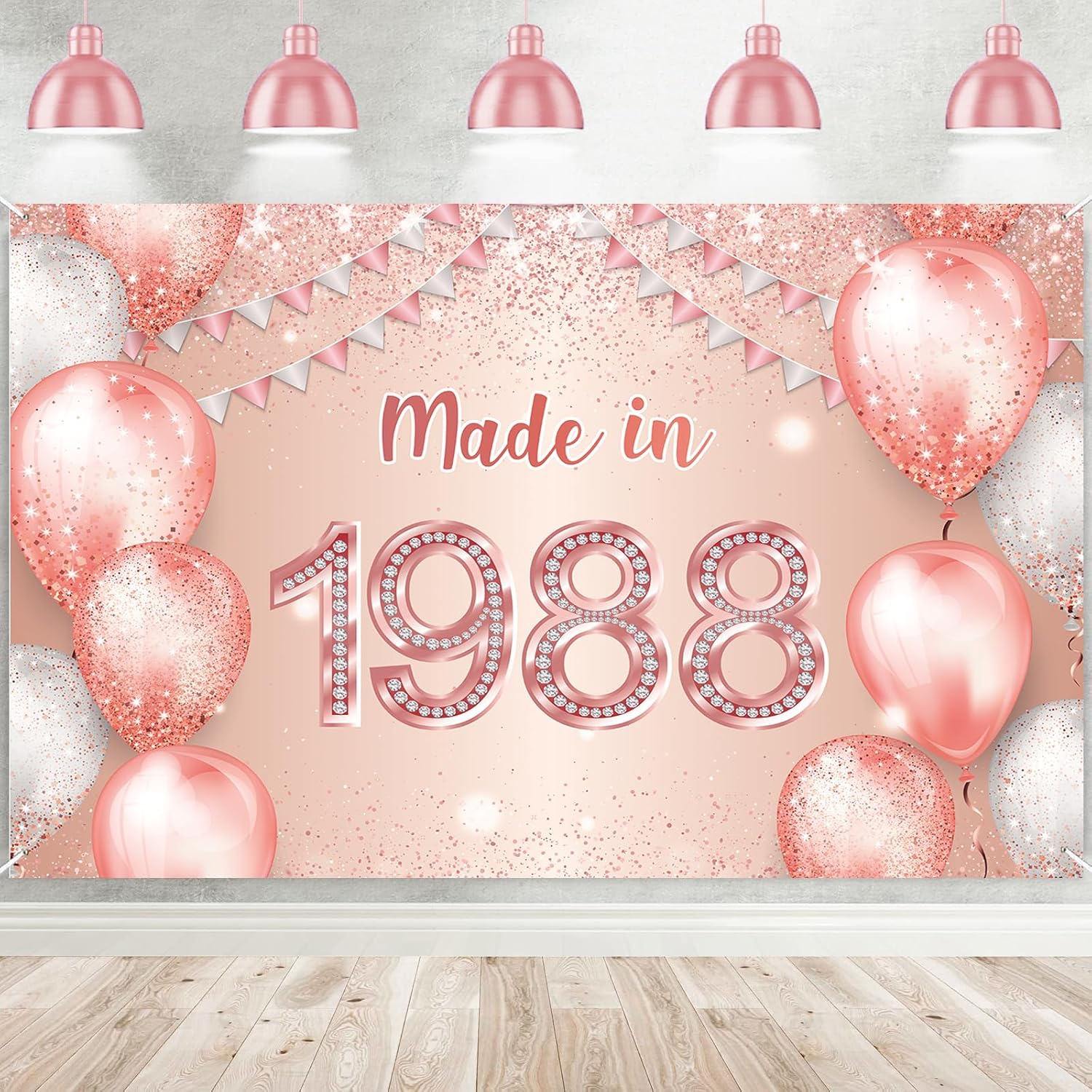 Cartel de feliz cumpleaños número 35 de oro rosa hecho en 1988, con texto en inglés “Cheers to 35 años”, telón de fondo de globo, confeti,