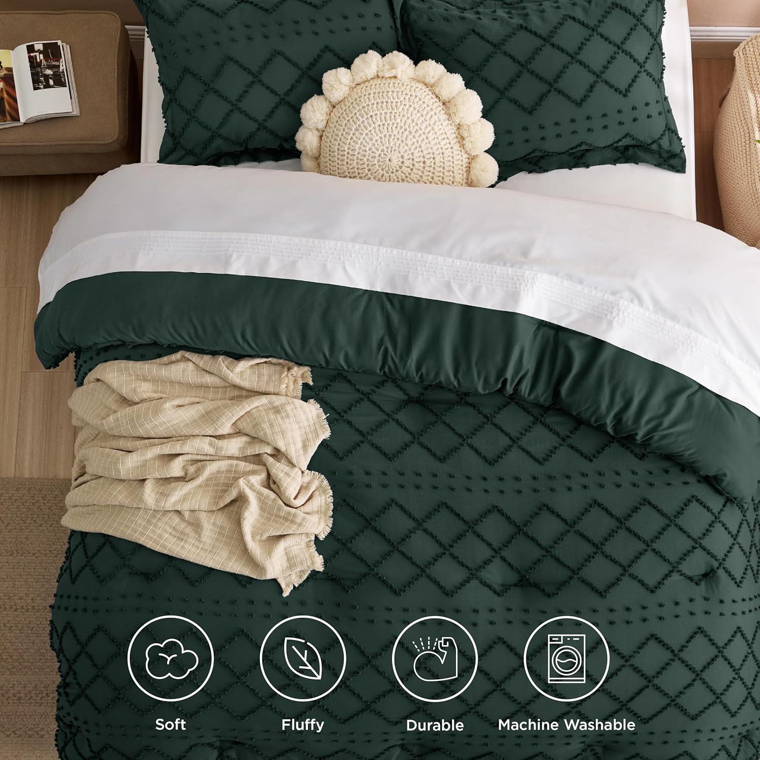 Bedsure Juego de edredón tamaño matrimonial  Edredón verde esmeralda oscuro, juego de edredón bohemio con copetudo, elegante estilo desgastado y