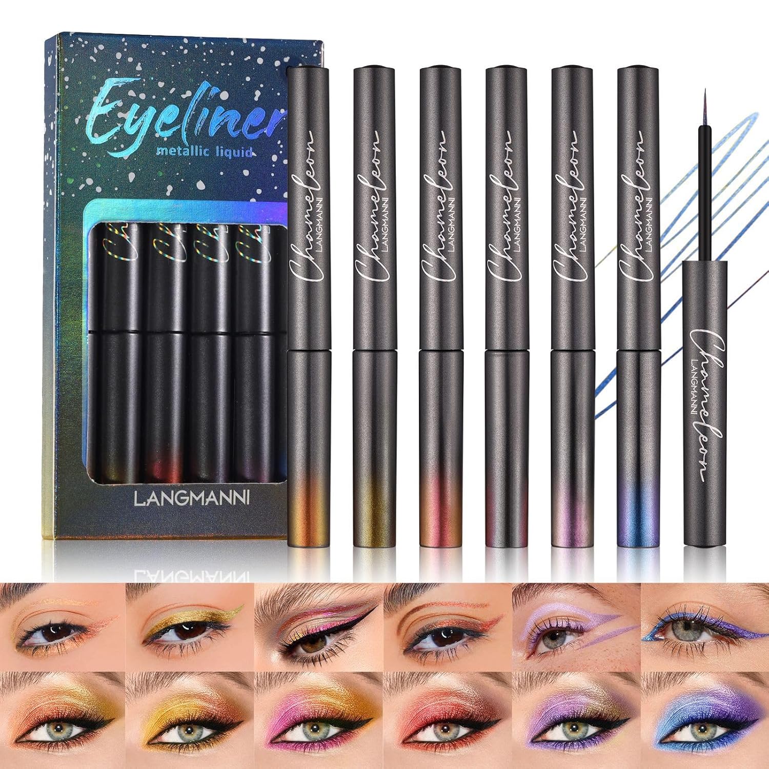 Juego de delineador líquido de 6 colores, 6 colores con acabado metálico, 6 sombras de ojos con acabado metálico, secado rápido, impermeable, alta