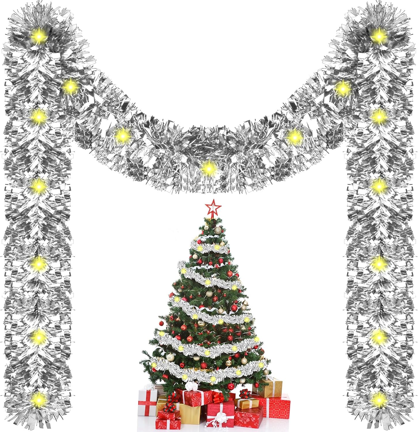 Glitinsel Guirnalda metálica de oropel preiluminada de Navidad con tira de luces LED, guirnalda de Navidad para colgar en el árbol de Navidad, boda,