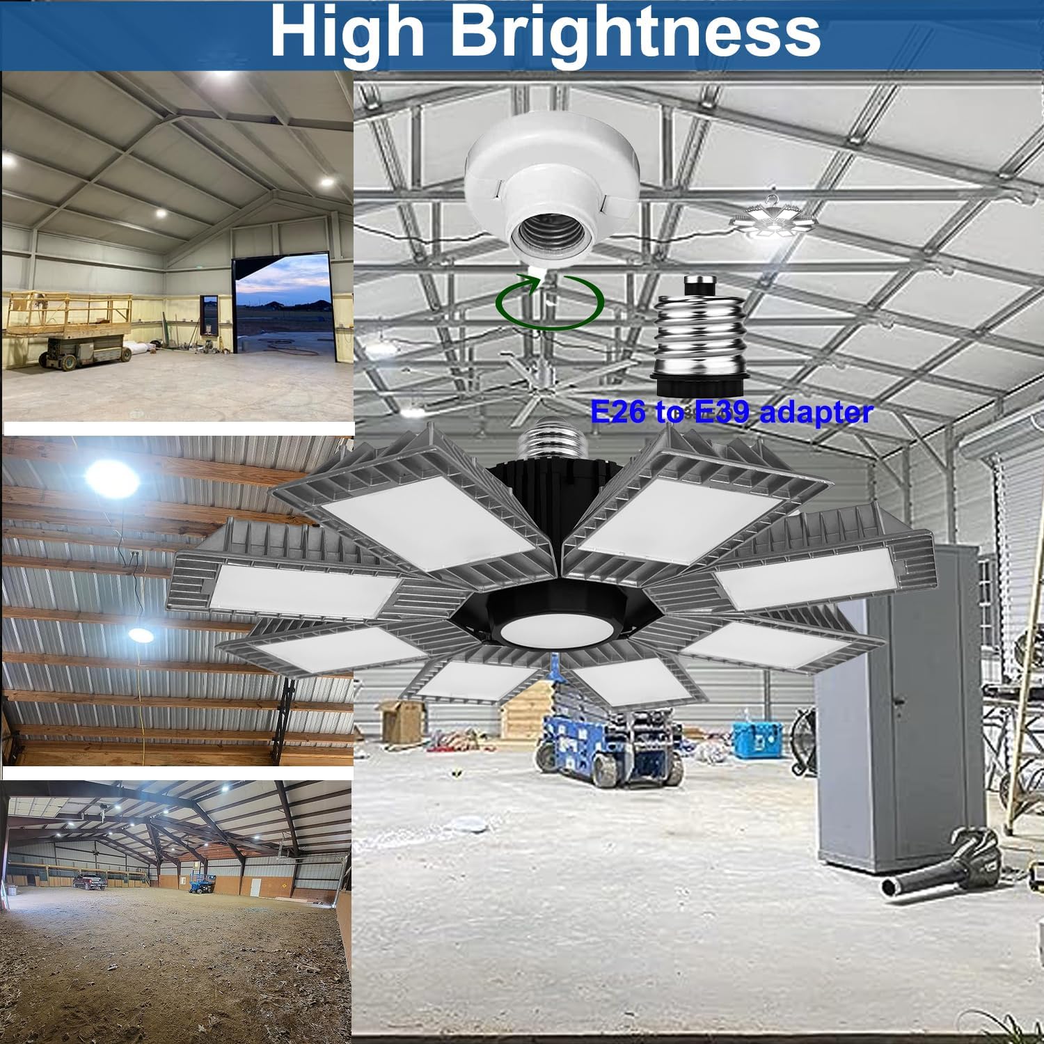 Luz LED de alta bahía para tienda, 8 paneles de luces LED de garaje de 300 W con adaptación E26 a E39, 36000 lm de alto brillo, ideal para almacén,