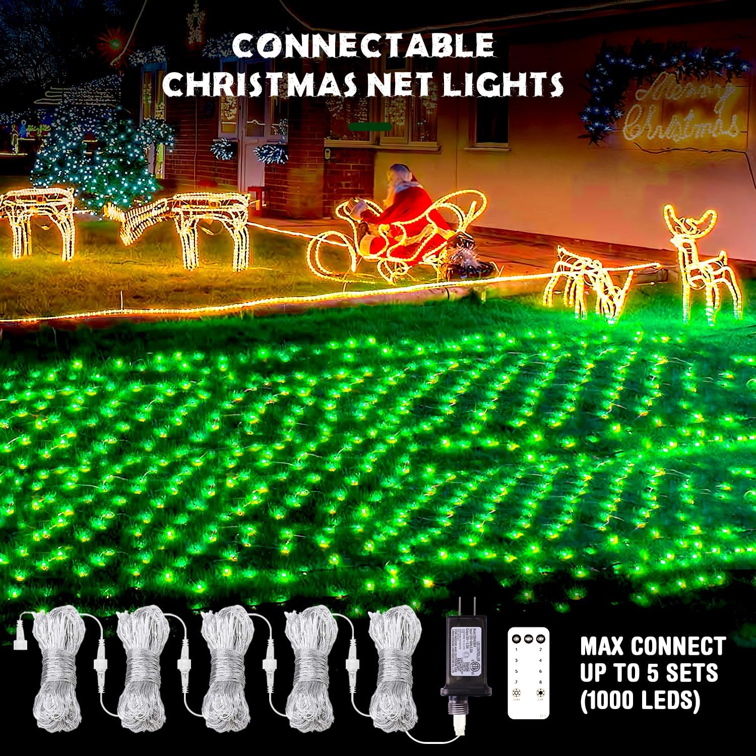 JMEXSUSS 200 luces LED verdes de Navidad, 9.8 pies x 6.6 pies, luces de arbusto de Navidad conectables con control remoto, 8 modos de enchufe, luces