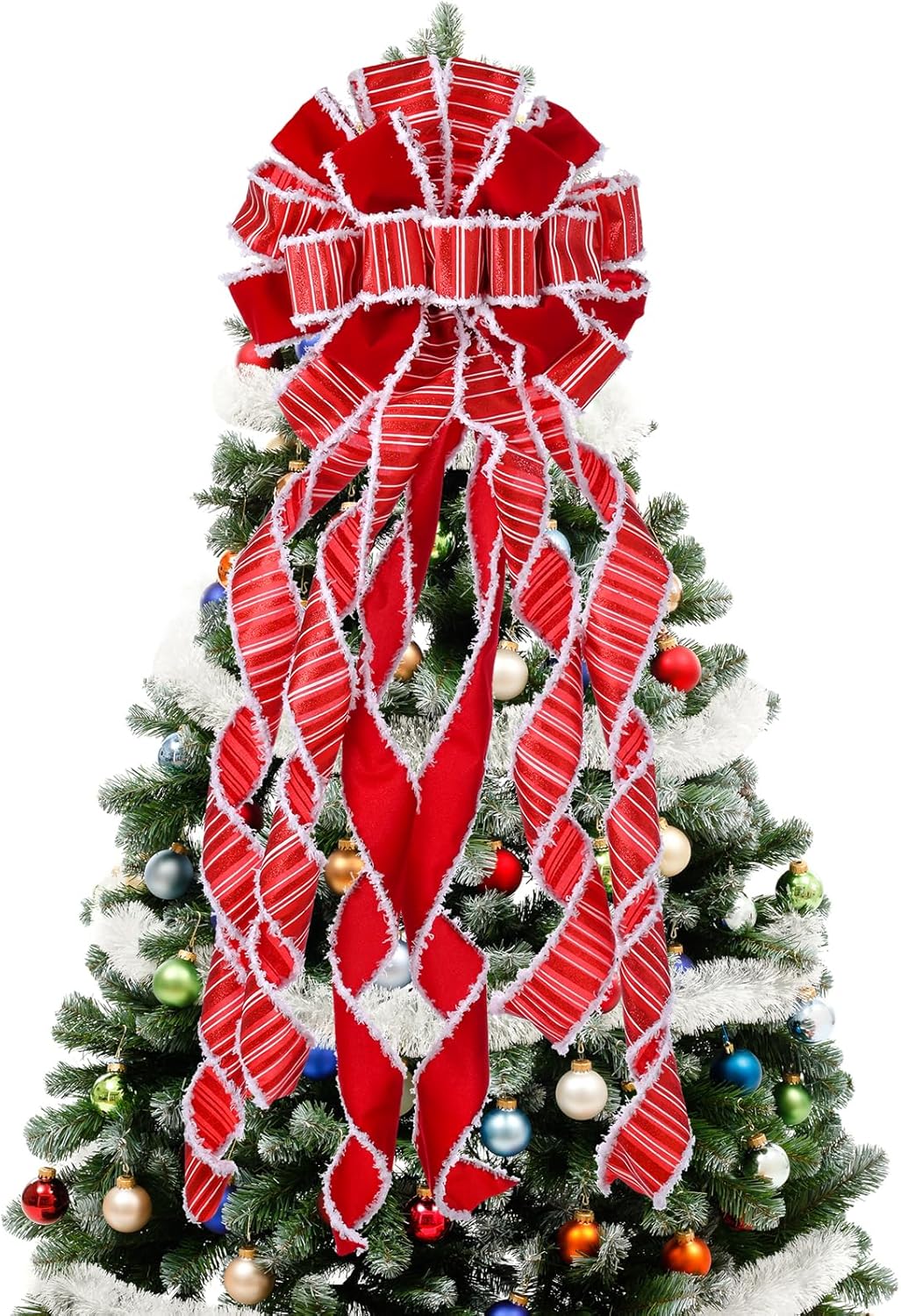 Decoración para árbol de Navidad, lazo grande rojo para árbol de Navidad, arpillera con borde de poliéster blanco, lazo de regalo para adorno de