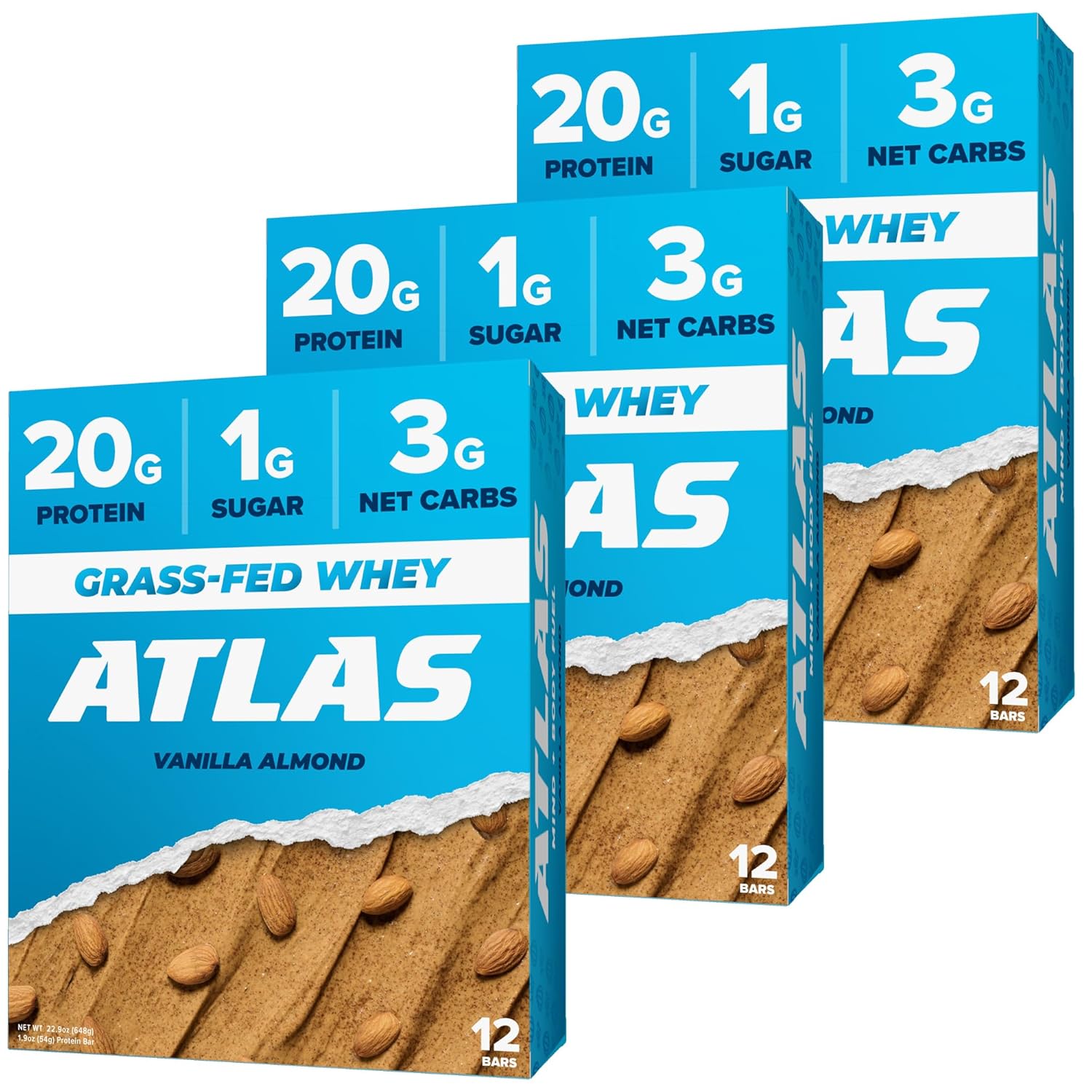 Atlas Protein Bar, 0.71 onzas de proteína, 0.04 oz de azúcar, ingredientes limpios, sin gluten (vainilla y almendra, 12 unidades (paquete de 3))