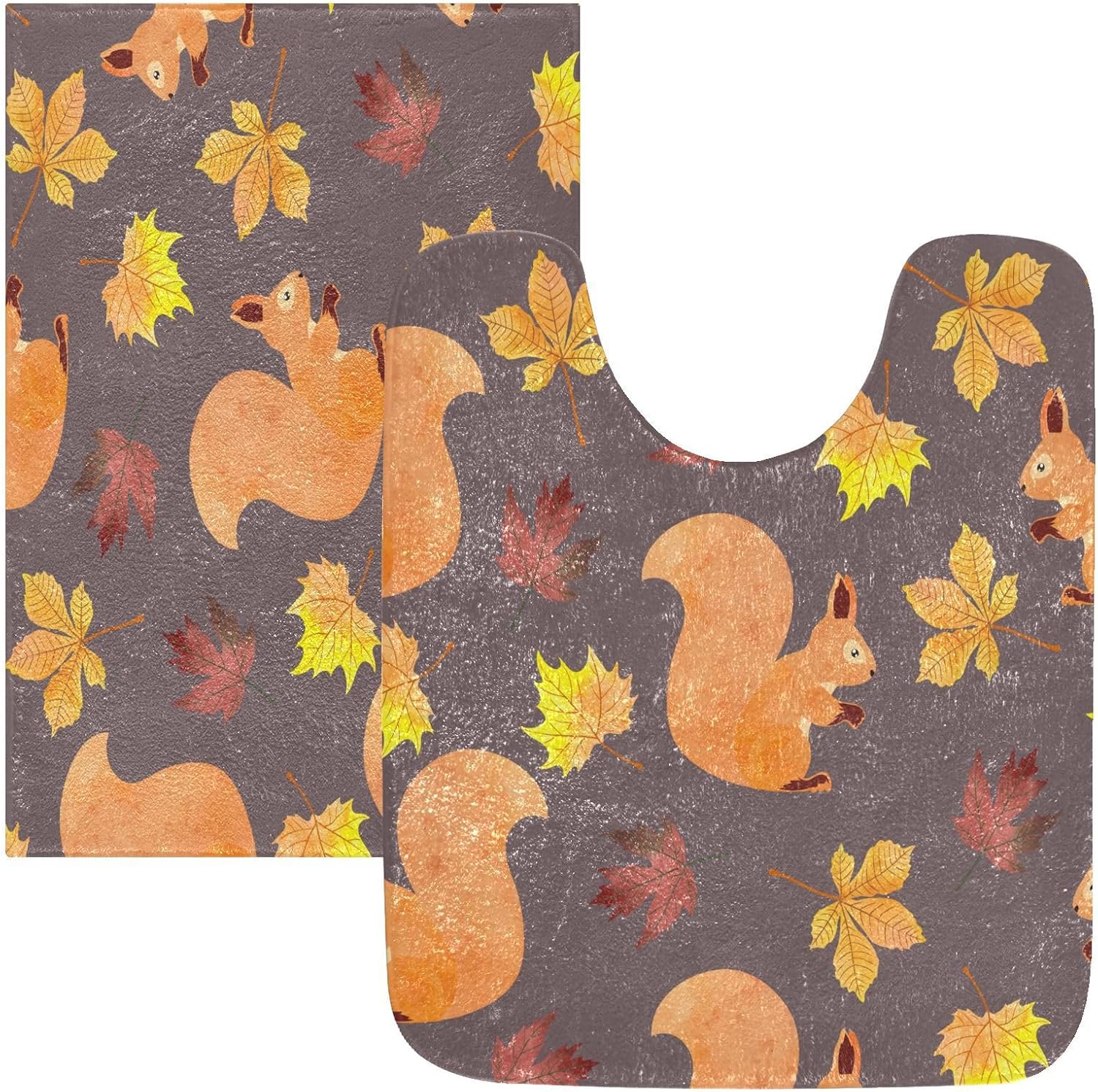 Bathroom Rugs Sets 2 Piece 24×16+24×20 Inch,Soft U-Shaped Contour Toilet Rug Autumn Squirrel Cute Non-Slip Absorbent Bath Floor Mat Carpet Set Water