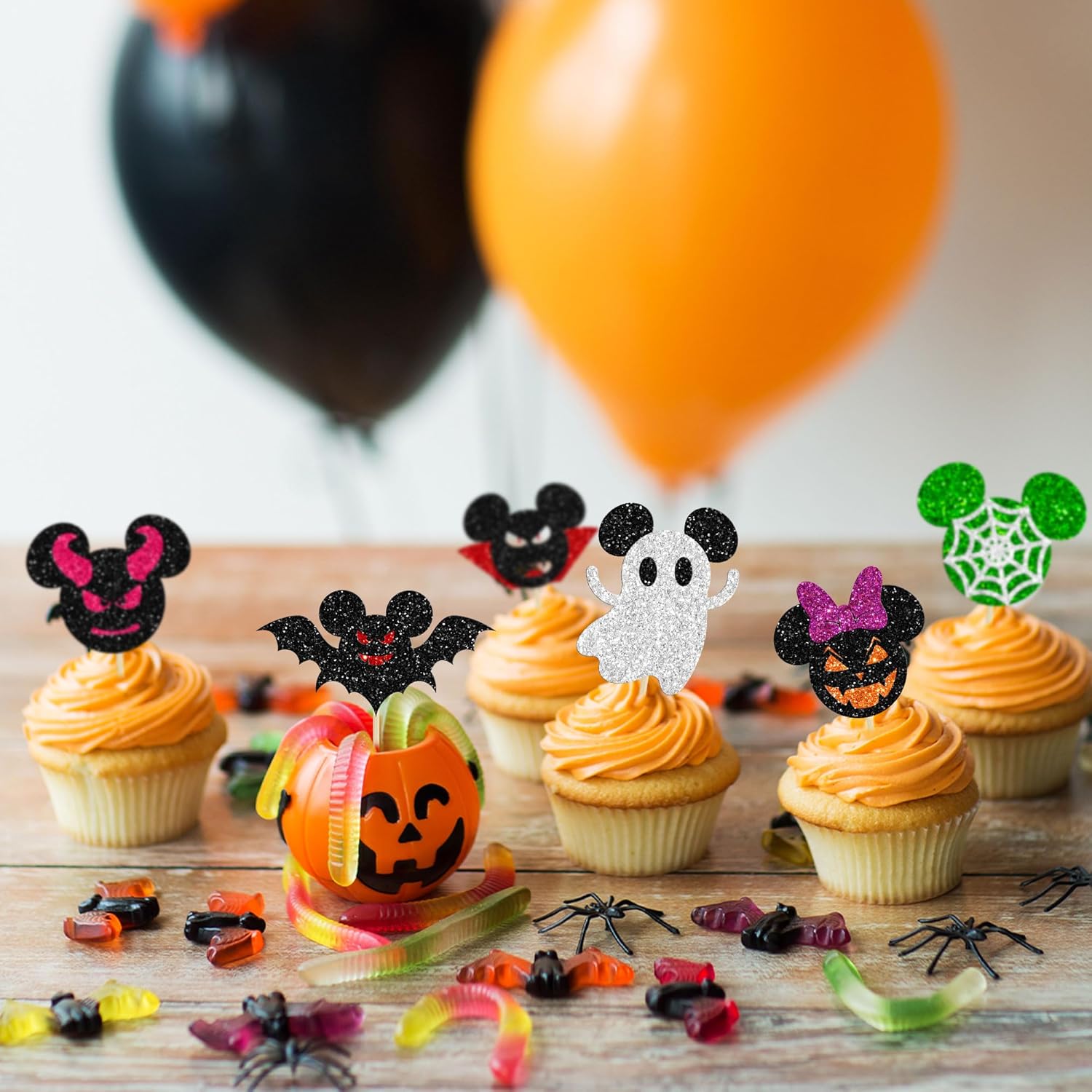 24 piezas inspiradas en mini ratones para cupcakes de Halloween con purpurina para cupcakes de Halloween, murciélagos, calabaza, fantasma,