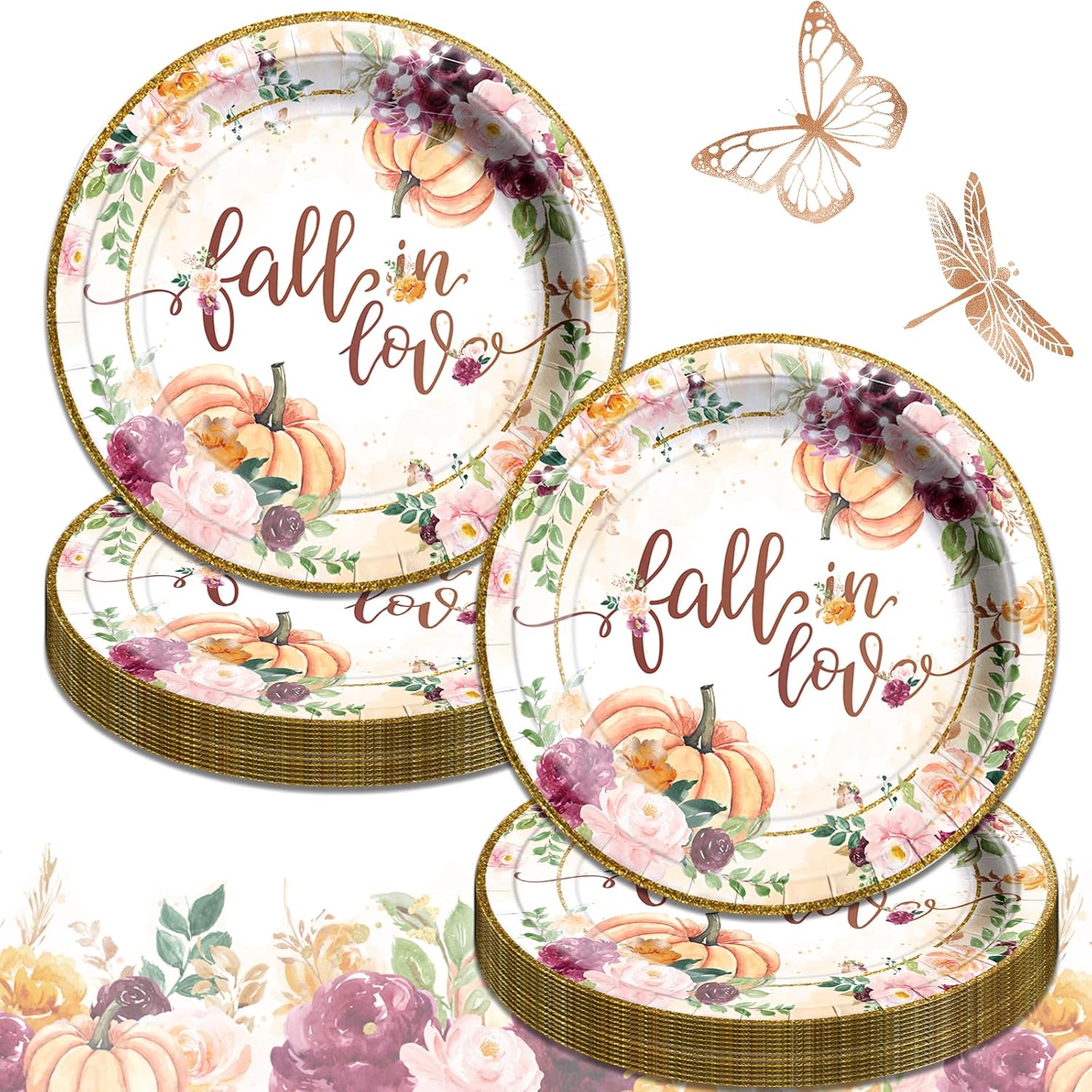HAKOTI Decoraciones de fiesta de enamoramiento, 48 platos de papel de otoño, con temática floral de calabaza, juego de platos de papel de postre