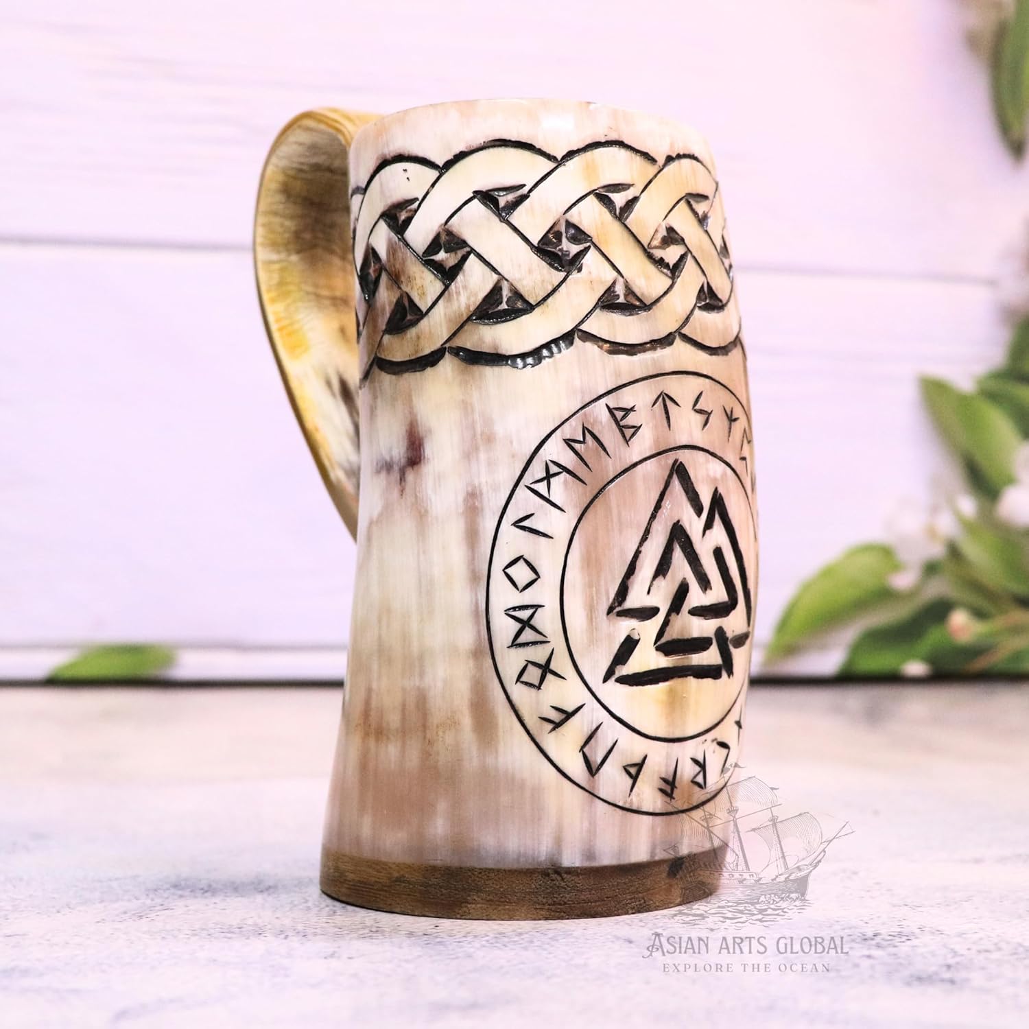Viking Nordic Tankard – Taza de cerveza medieval  Cuerno de buey genuino  Taza The Valknut de 18-22 onzas