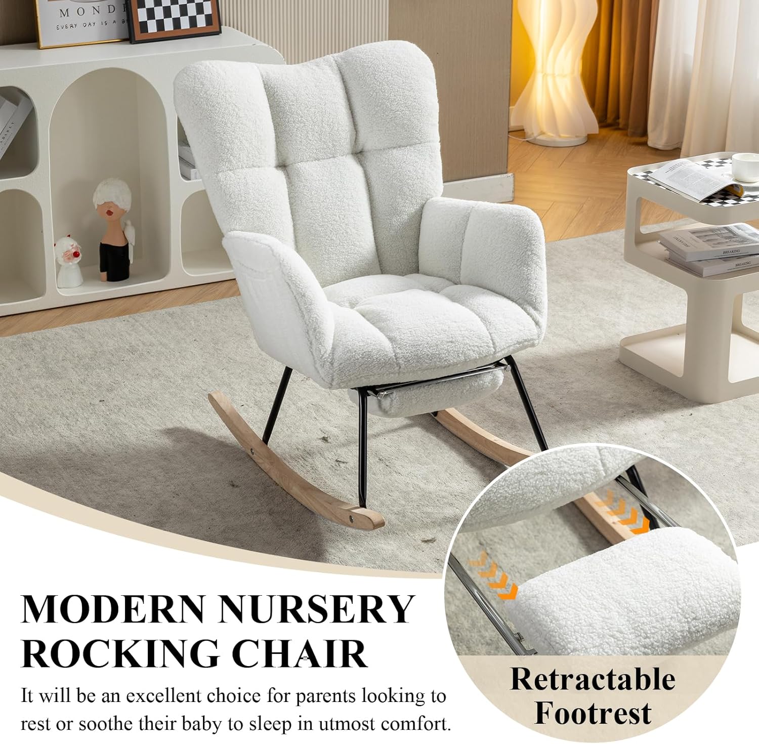 NIOIIKIT Silla mecedora para guardería, silla deslizadora tapizada de peluche con reposapiés ajustable, silla reclinable acolchada con respaldo