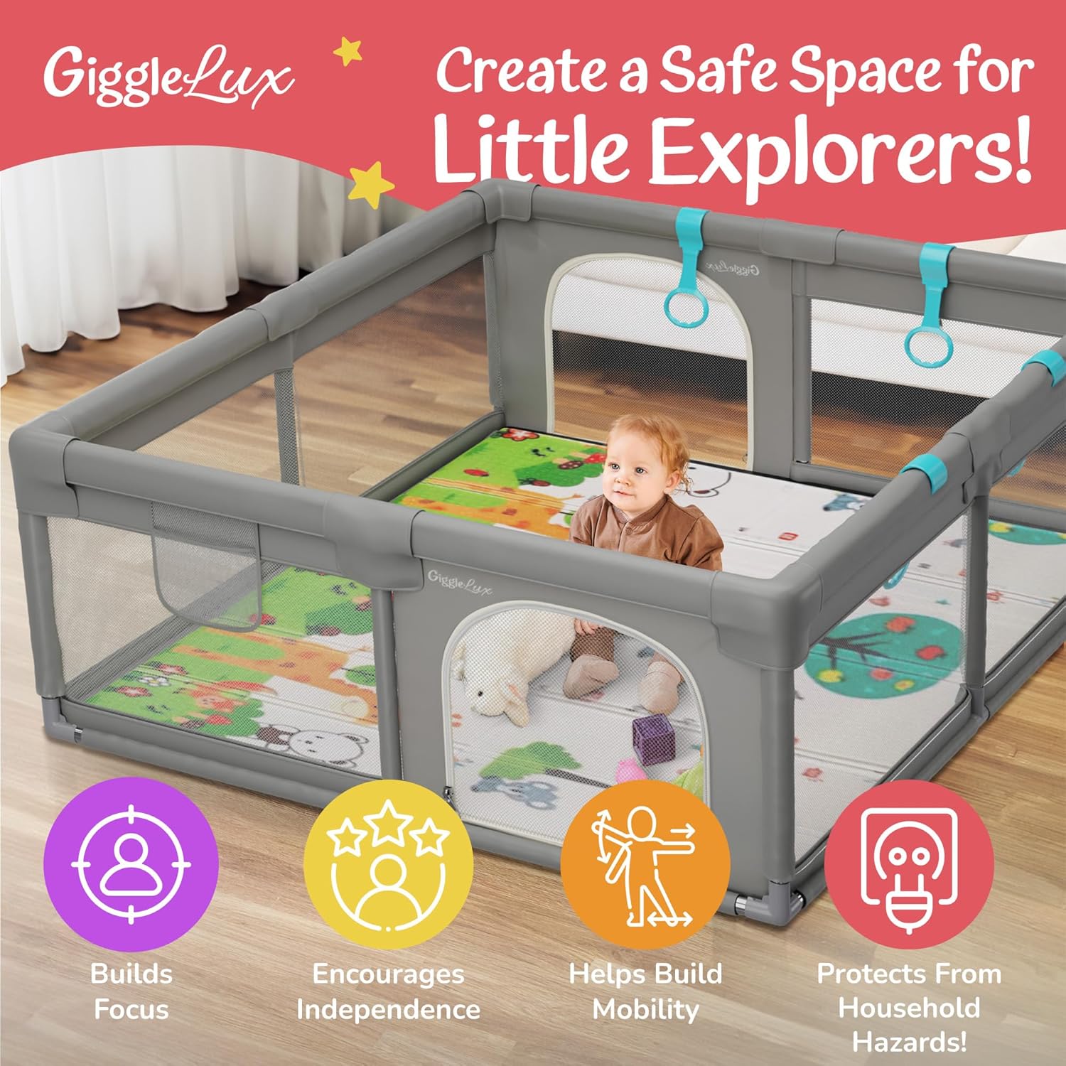 GiggleLux Corralito para bebés con alfombrilla incluida, tapete de agua para el tiempo boca abajo, anillos de mano, 30 bolas de pitballs y bolsa de