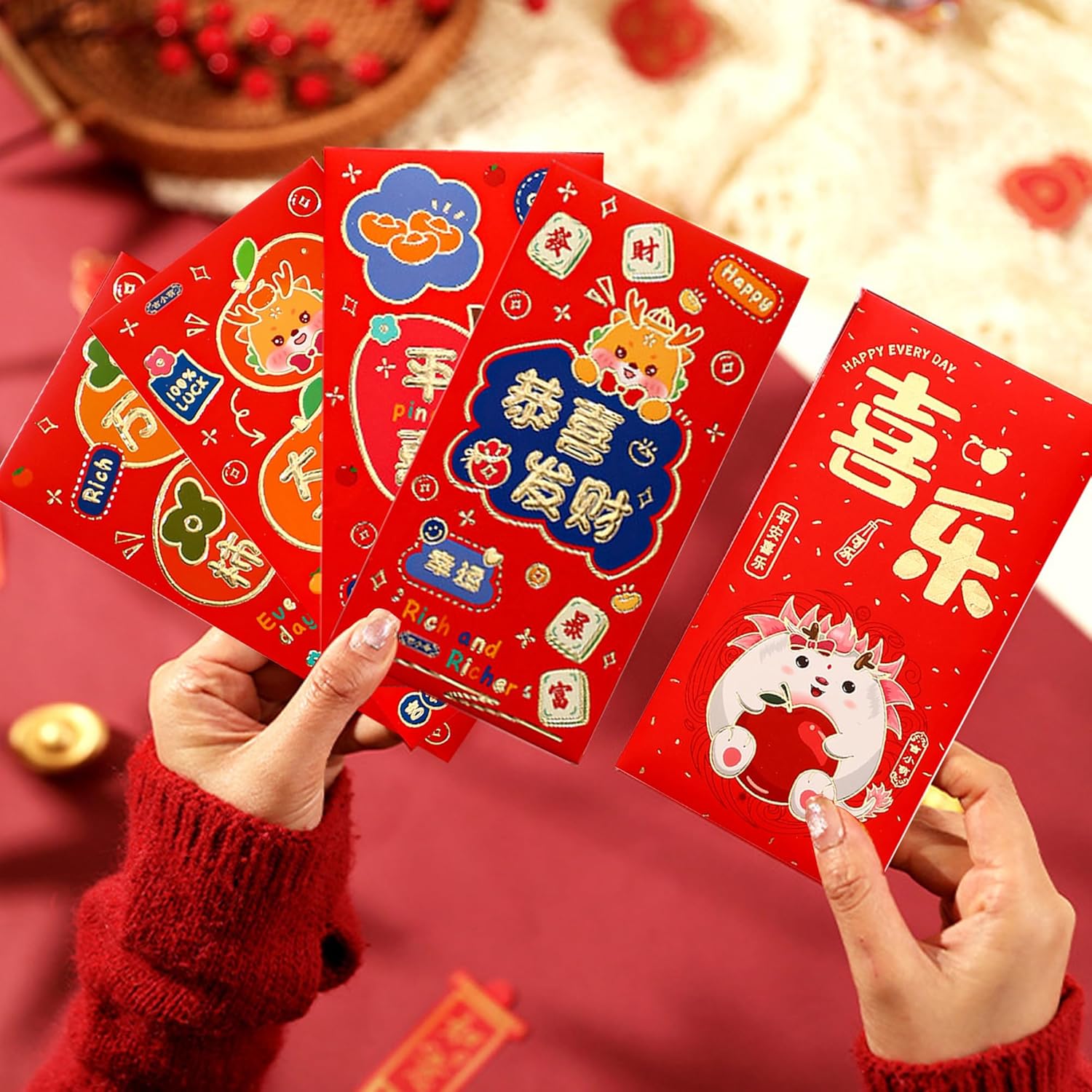 12 sobres rojos del año 2024 del dragón para paquete rojo de Año Nuevo chinoLai SeeLucky Hong Bao para festival de primavera, boda, cumpleaños de