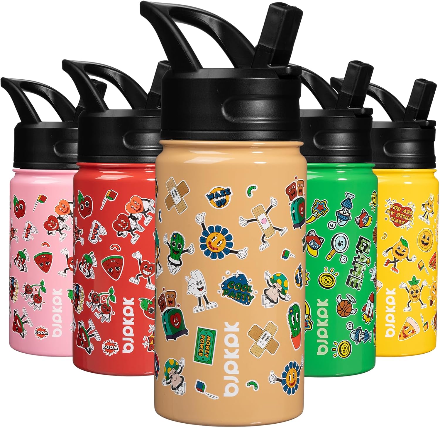 BJPKPK Botella de agua aislada con tapa con pajilla, botellas de agua de metal de acero inoxidable de 15 onzas, botellas de agua reutilizables a