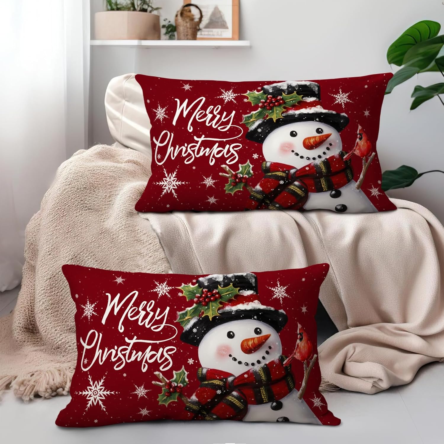 Juego de 2 fundas de almohada de Navidad con diseño de muñeco de nieve de invierno, fundas de almohada de algodón, fundas de almohada decorativas