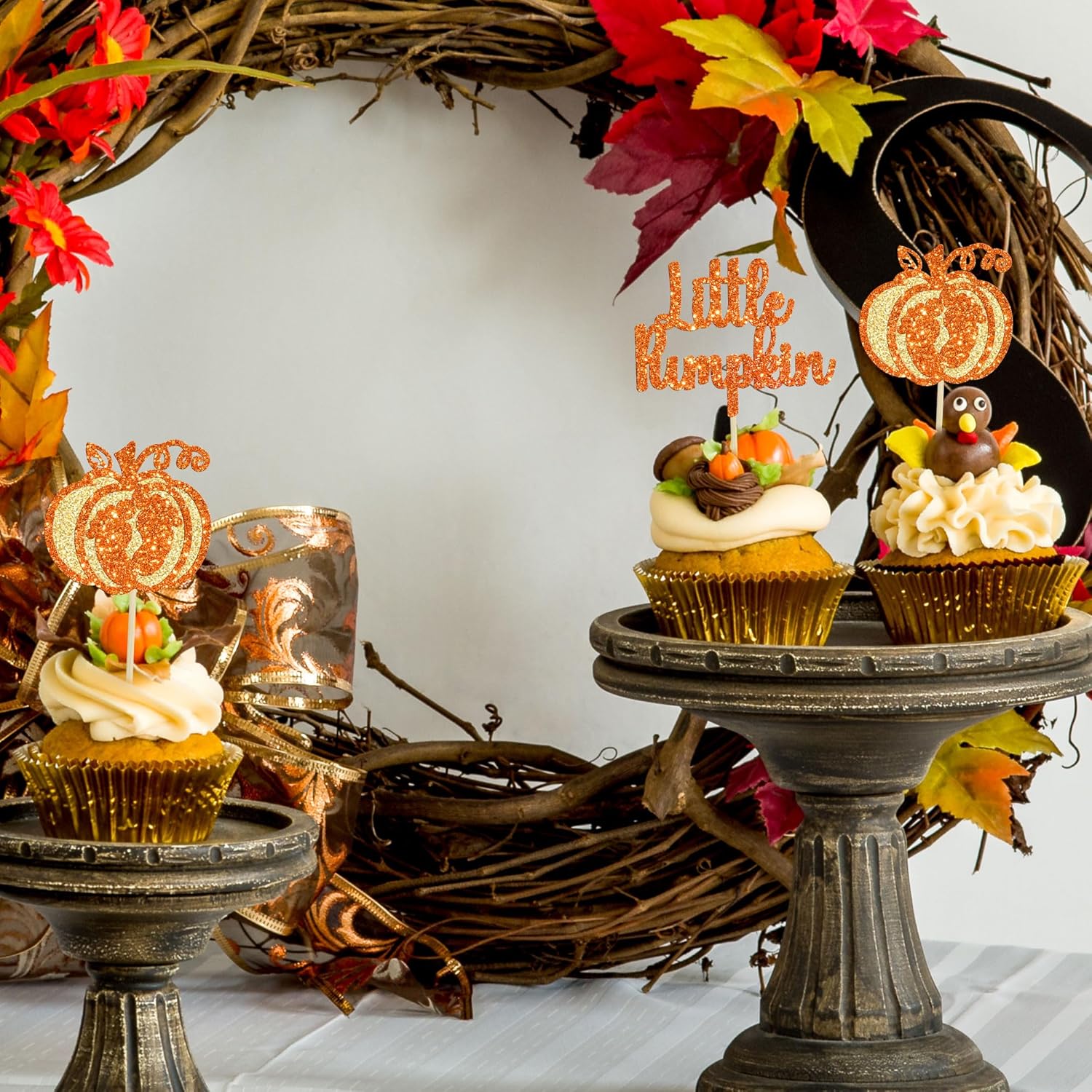 Gyufise 24 adornos para cupcakes de calabaza con purpurina con temática de otoño, decoración de cupcakes para baby shower, pies de bebé, palillos