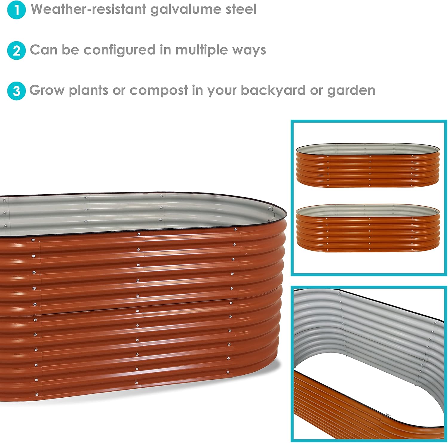 Sunnydaze Cama de jardín elevada ovalada de 79 pulgadas, kit de maceta apilable de acero para flores con borde de goma, color marrón