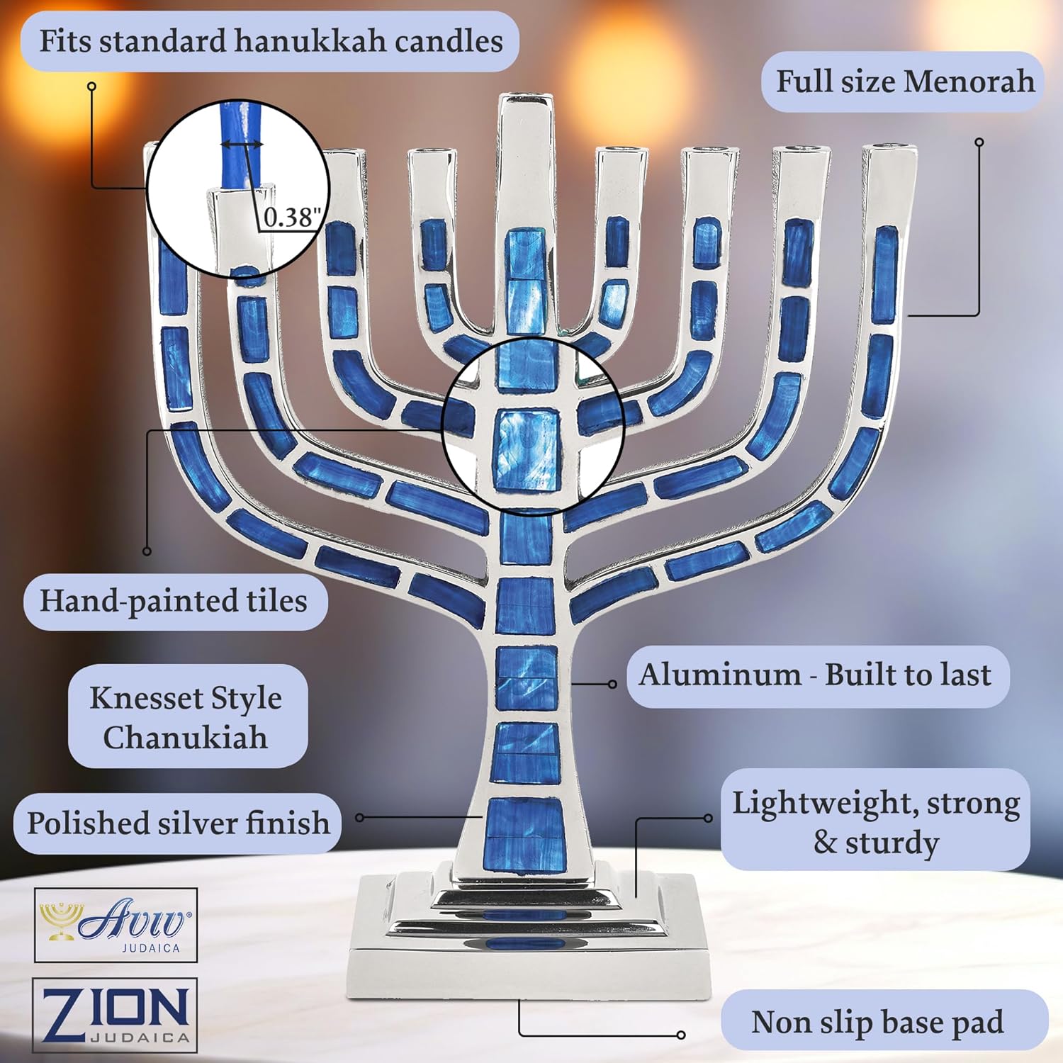 Mosaico de Janucá Menorá Knesset estilo Chanukiyah Jeweled con azulejos de mosaico incrustados se adapta a velas estándar de Hanukkah (azul)
